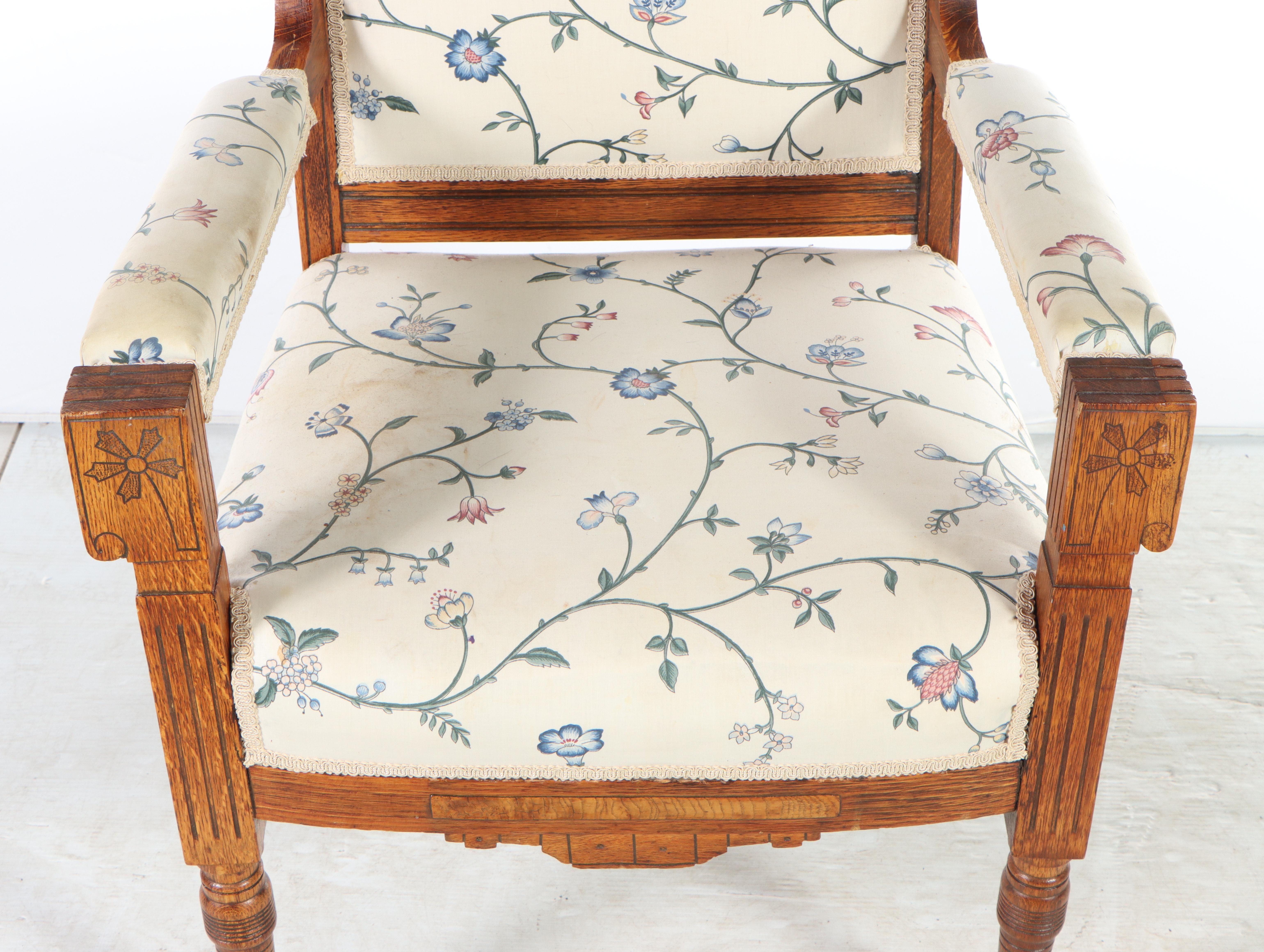 Victorian Carved Oak Open Armchair on Casters, Late 19th Century