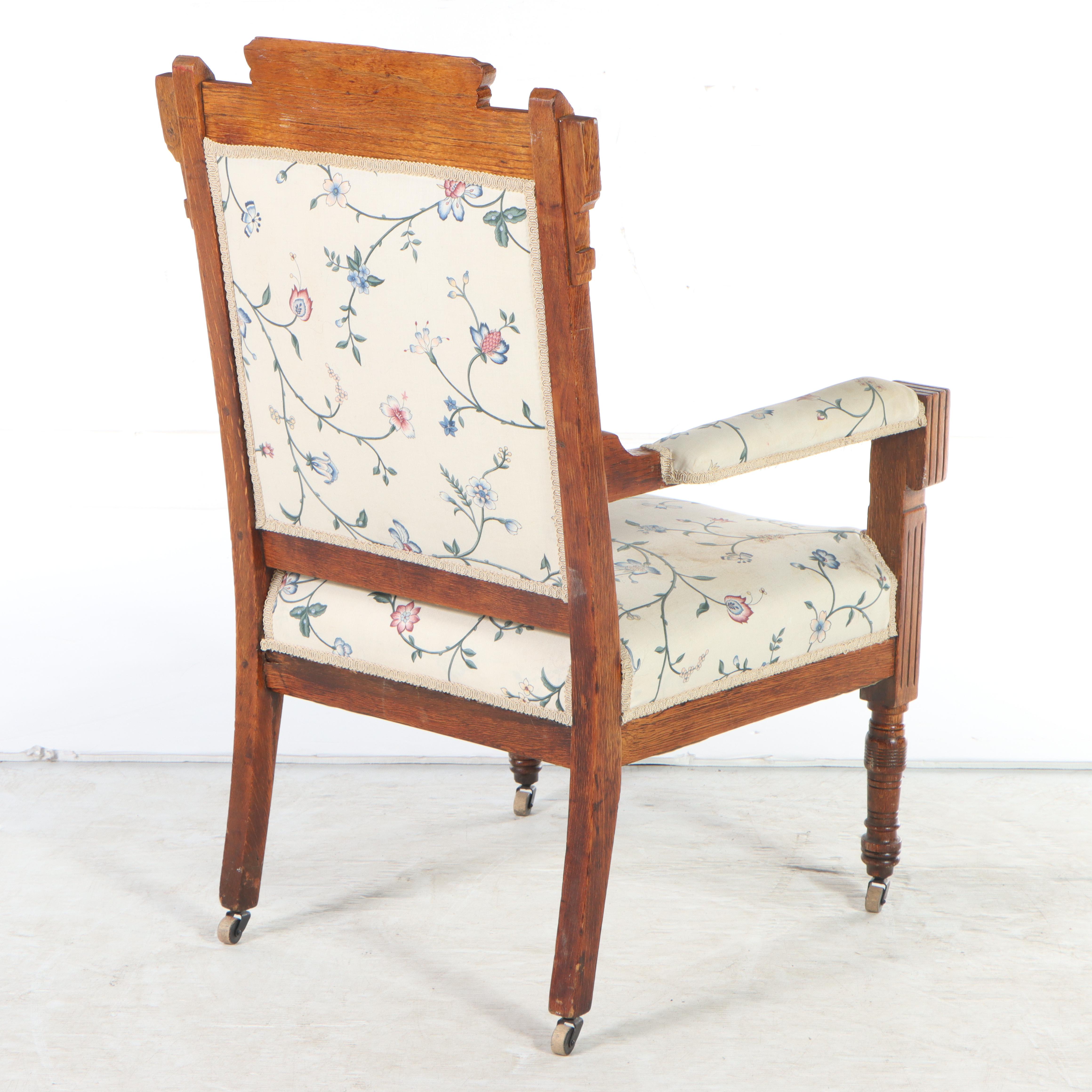 Victorian Carved Oak Open Armchair on Casters, Late 19th Century