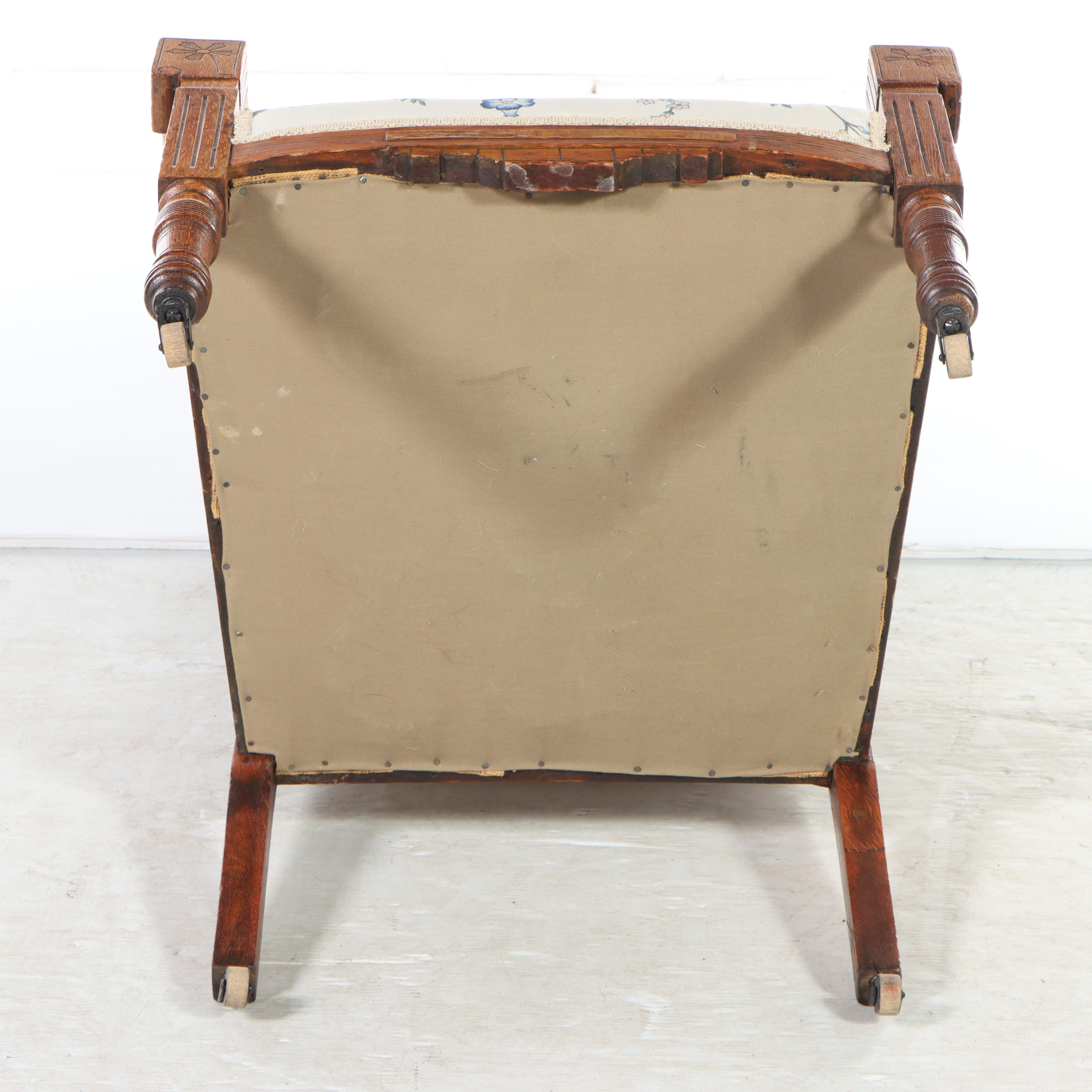 Victorian Carved Oak Open Armchair on Casters, Late 19th Century