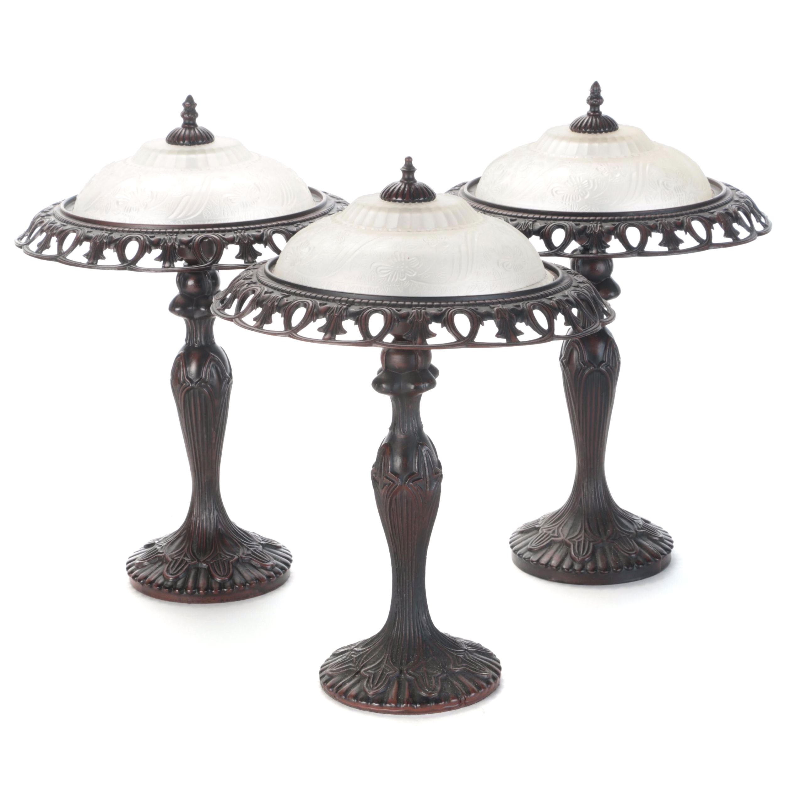 Three Neoclassical Style Bronzed Metal Lamps With Satin Glass Shades, 21st C