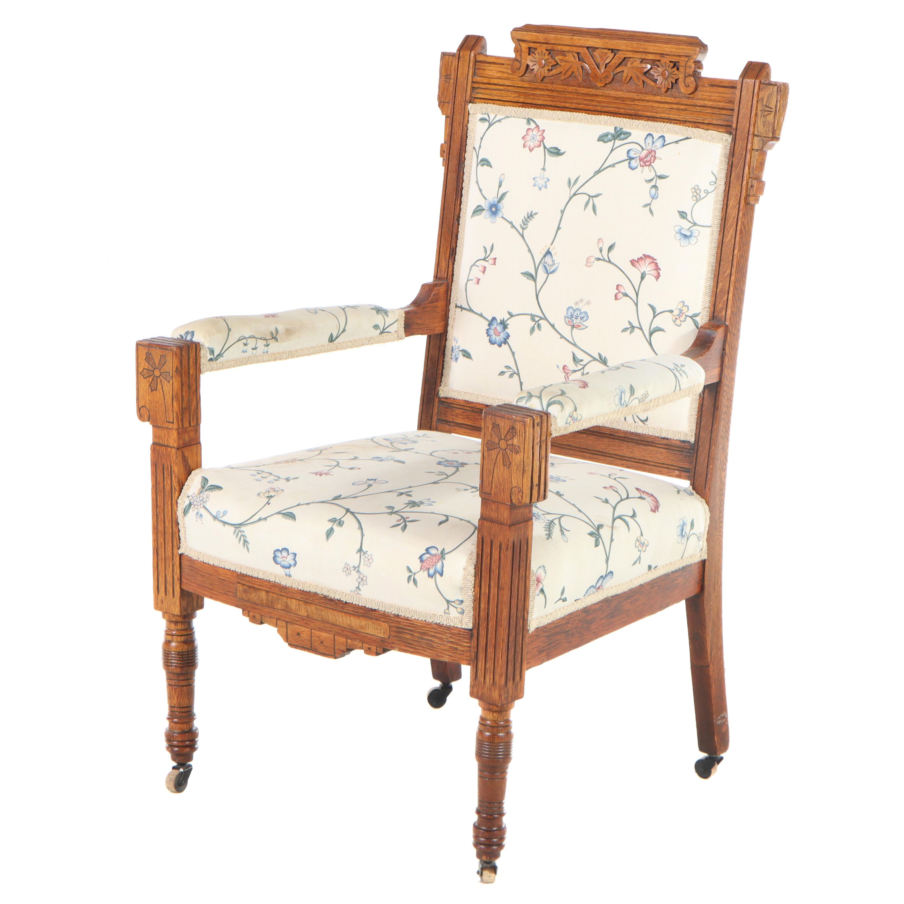 Victorian Carved Oak Open Armchair on Casters, Late 19th Century