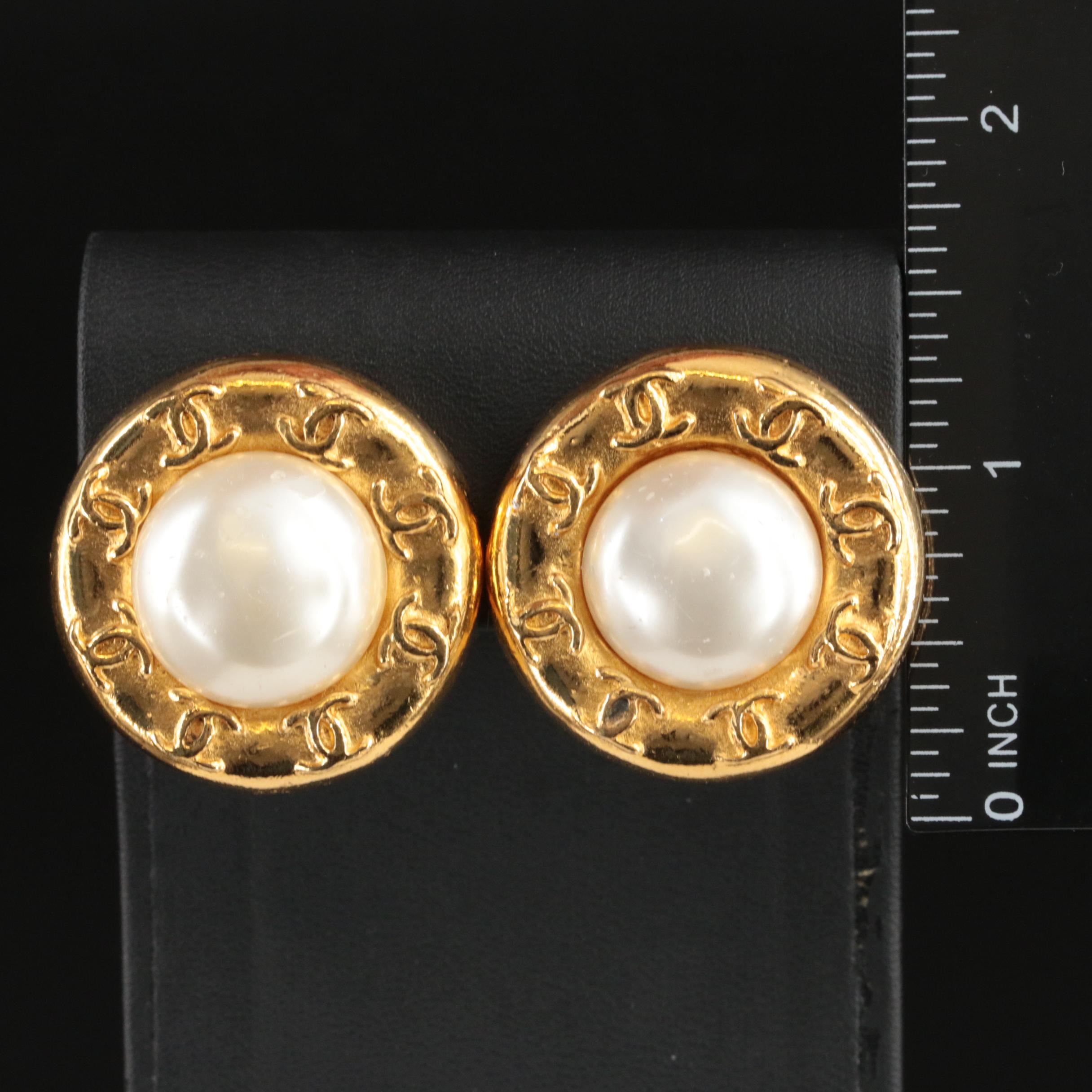 Vintage Chanel Faux Pearl Logo Button Earrings