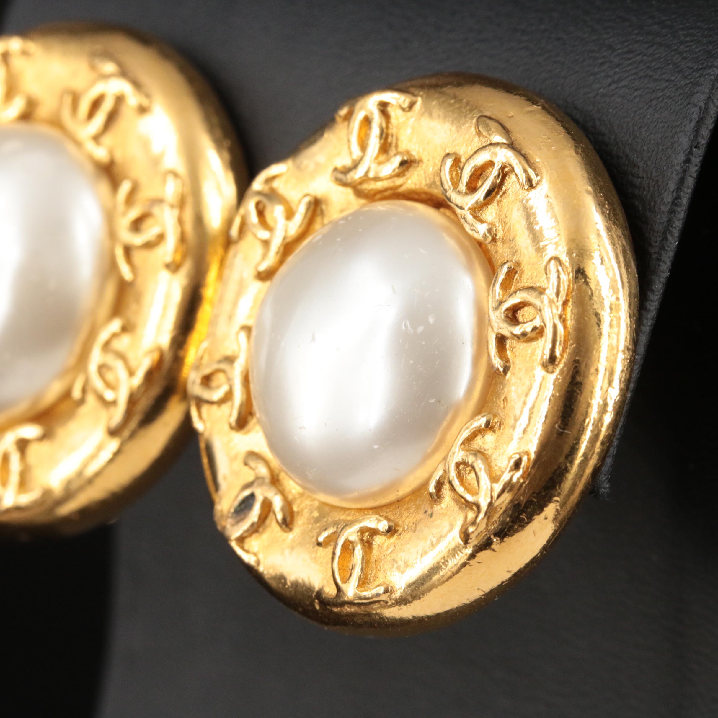 Vintage Chanel Faux Pearl Logo Button Earrings