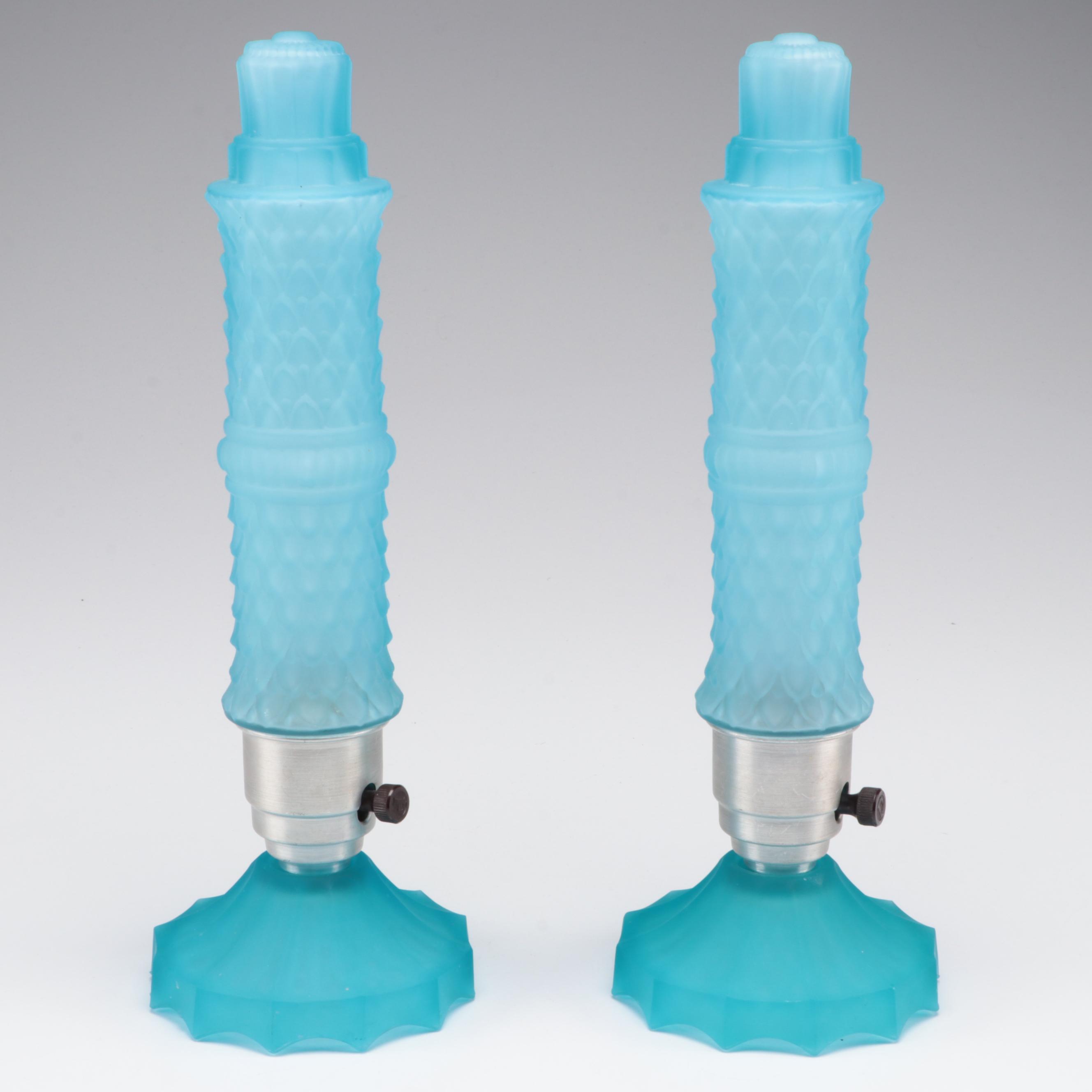 Art Deco Blue Satin Glass Torpedo Boudoir Lamp Pair