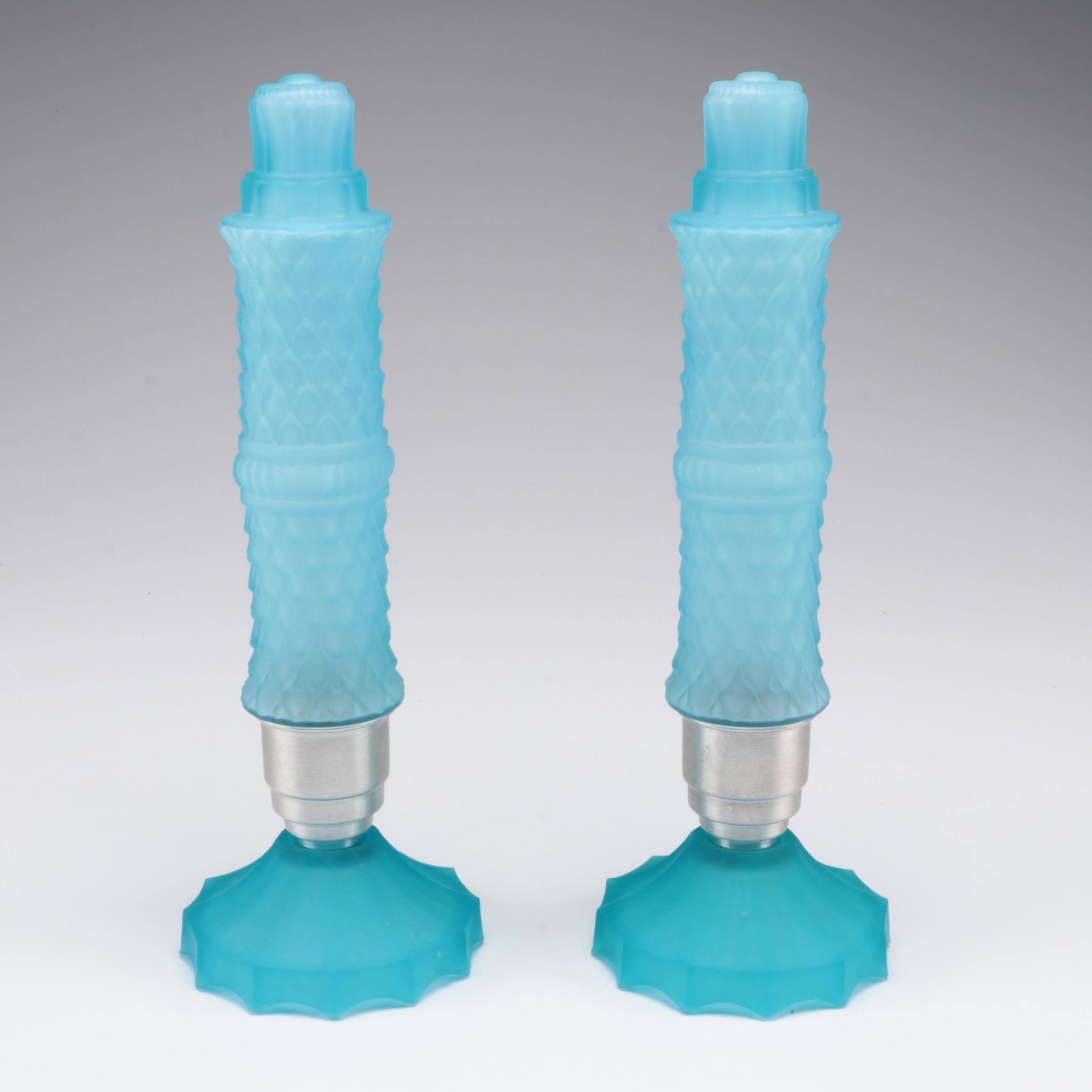 Art Deco Blue Satin Glass Torpedo Boudoir Lamp Pair