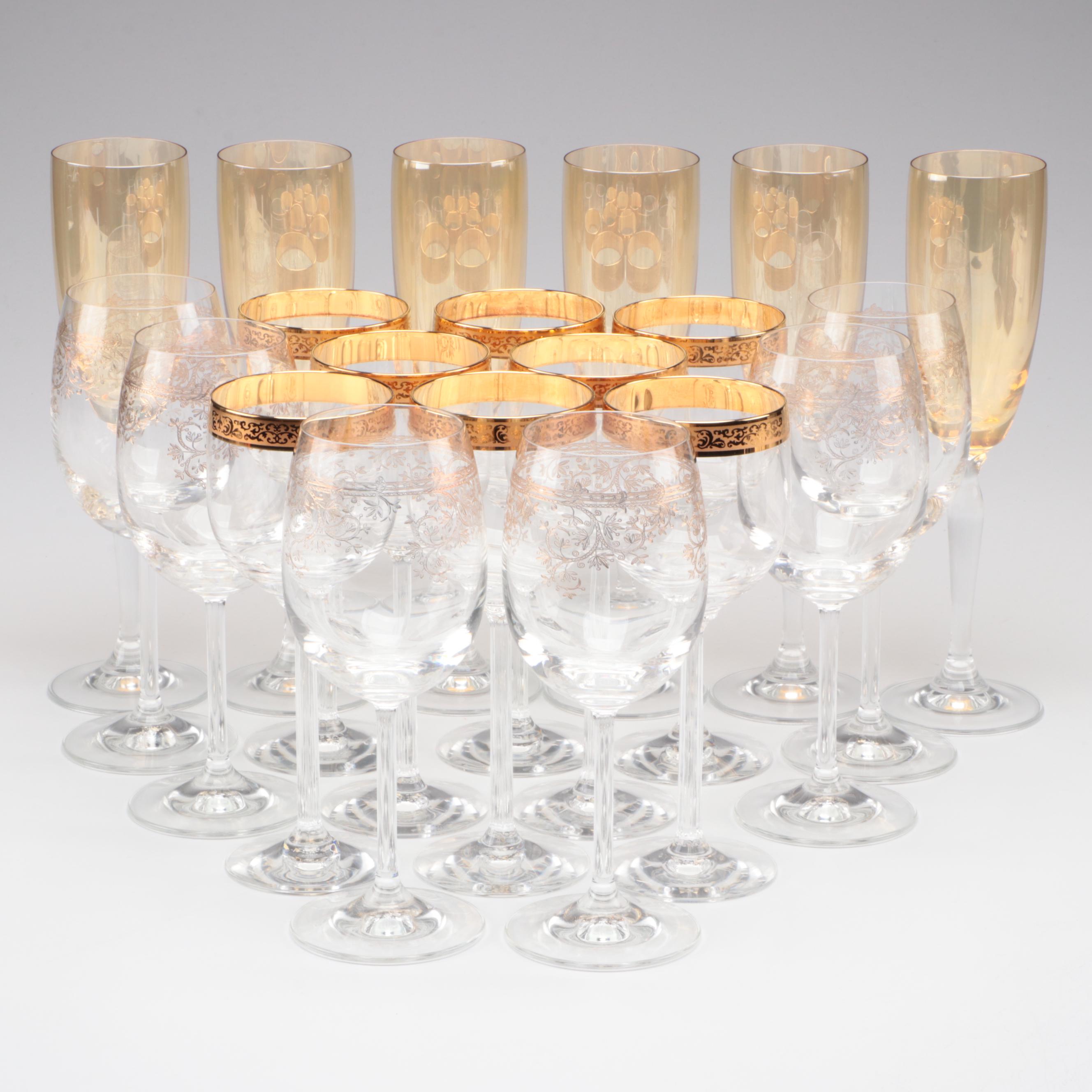 Amber Glass Champagne Flutes with Other Wine Glasses