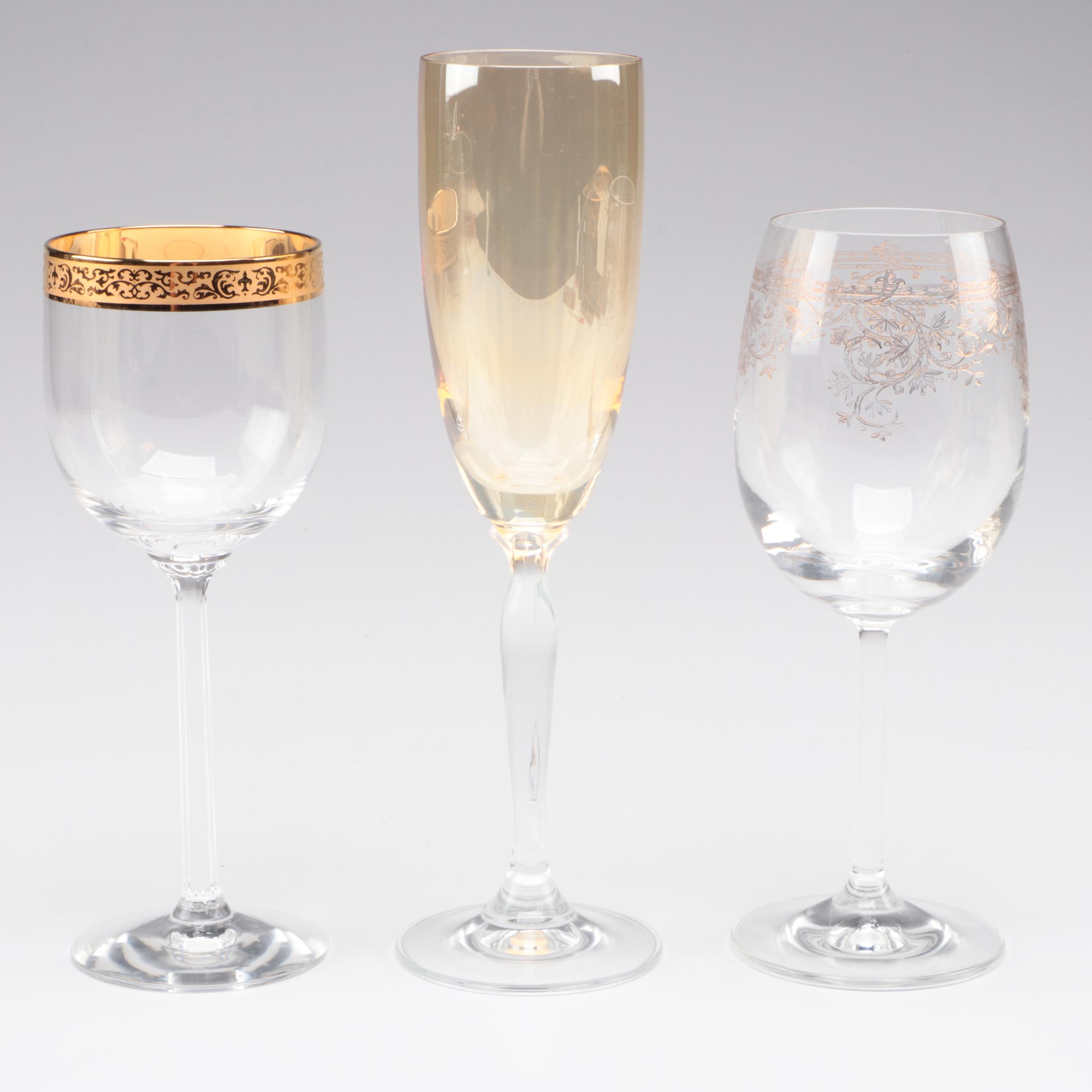 Amber Glass Champagne Flutes with Other Wine Glasses