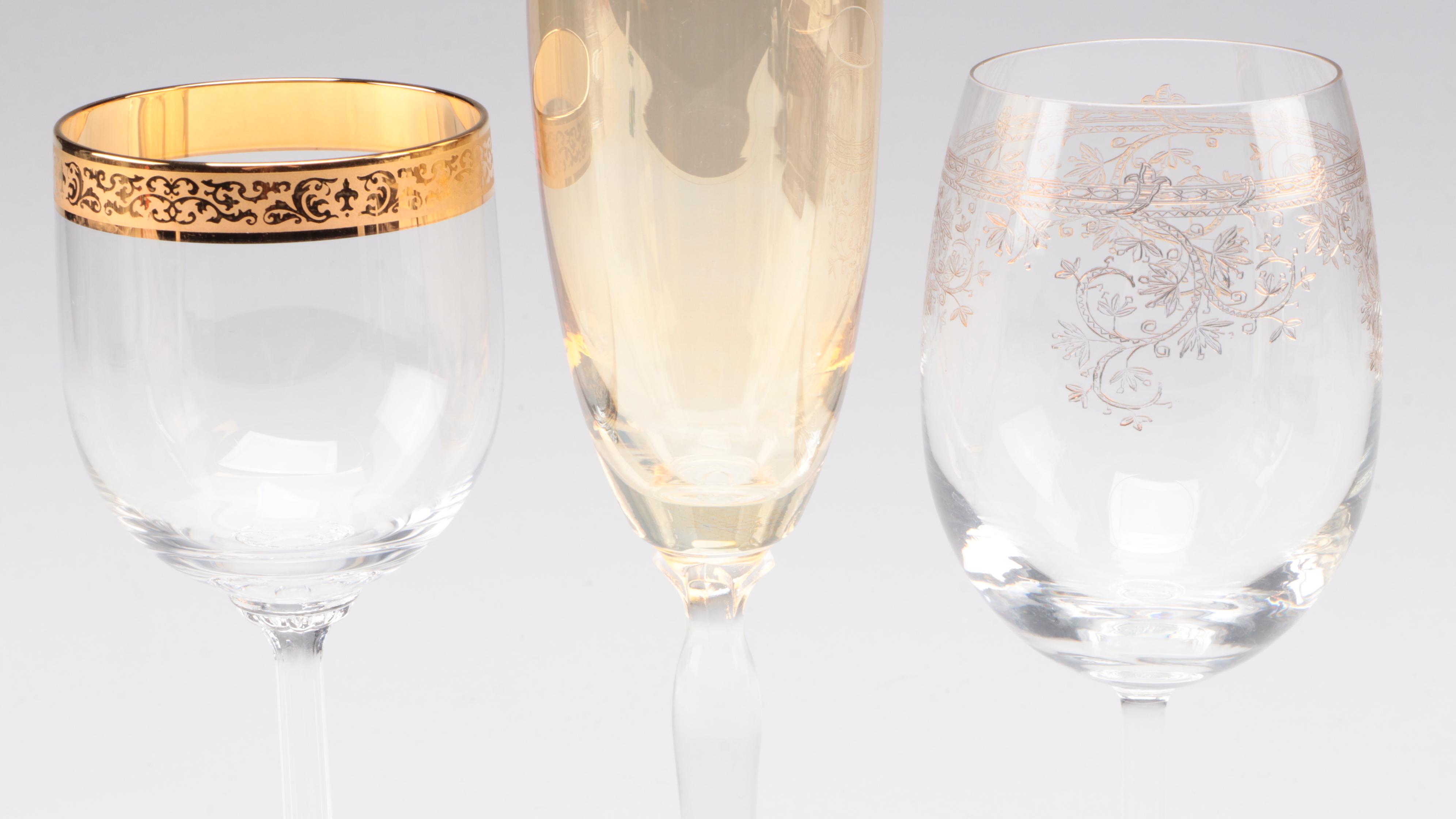 Amber Glass Champagne Flutes with Other Wine Glasses