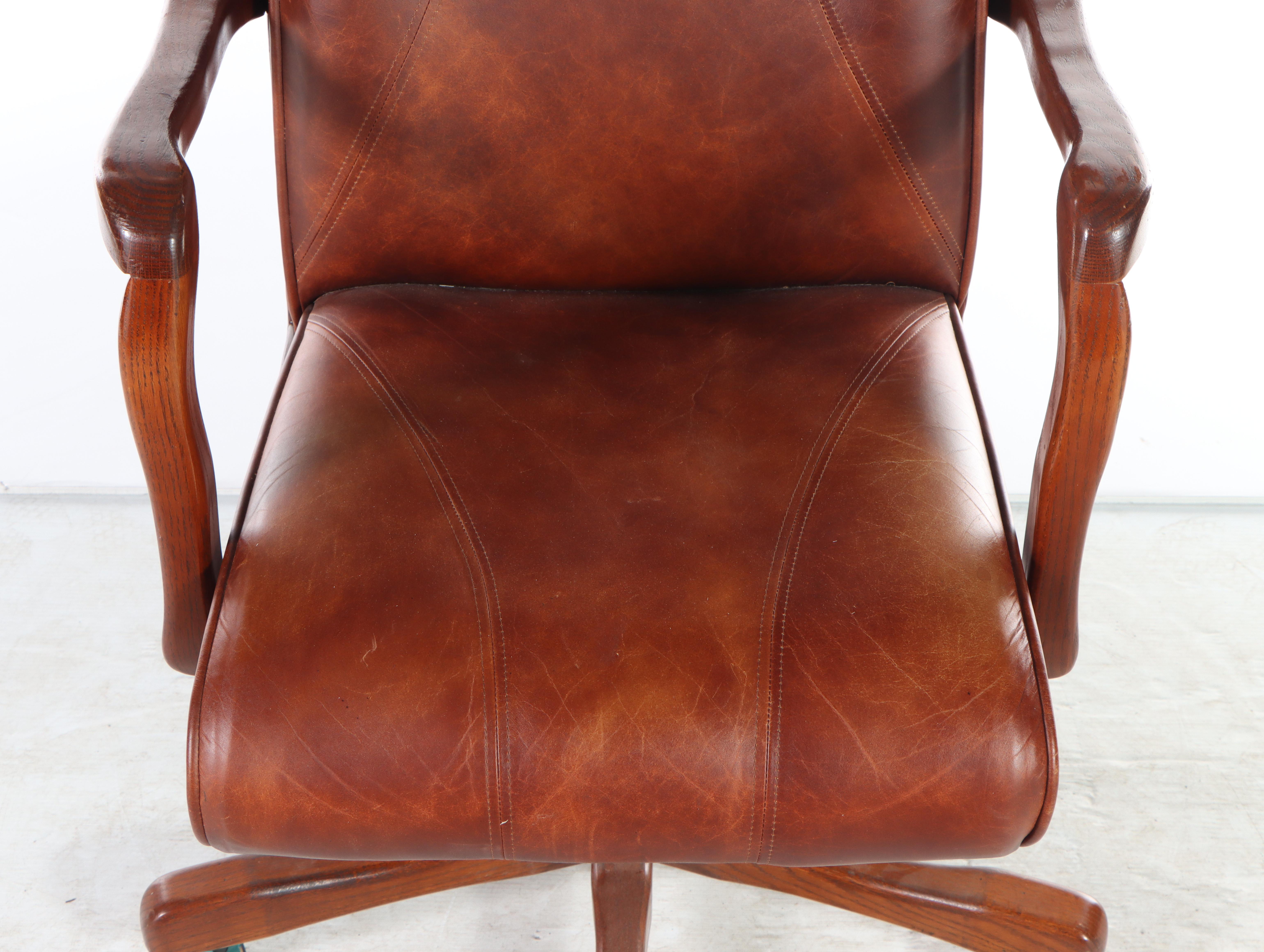 Oak and Leather Adjustable Executive Office Chair