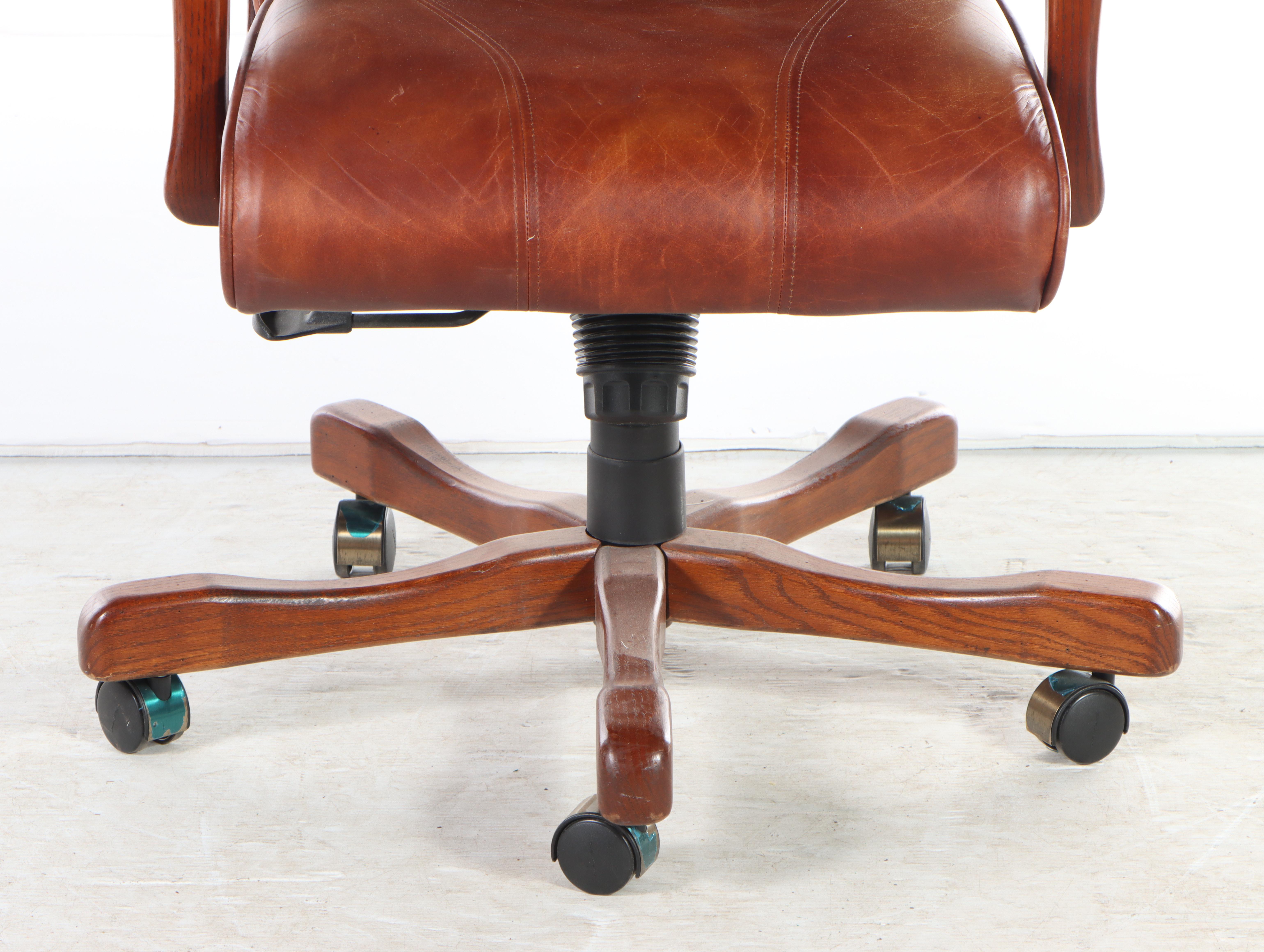 Oak and Leather Adjustable Executive Office Chair