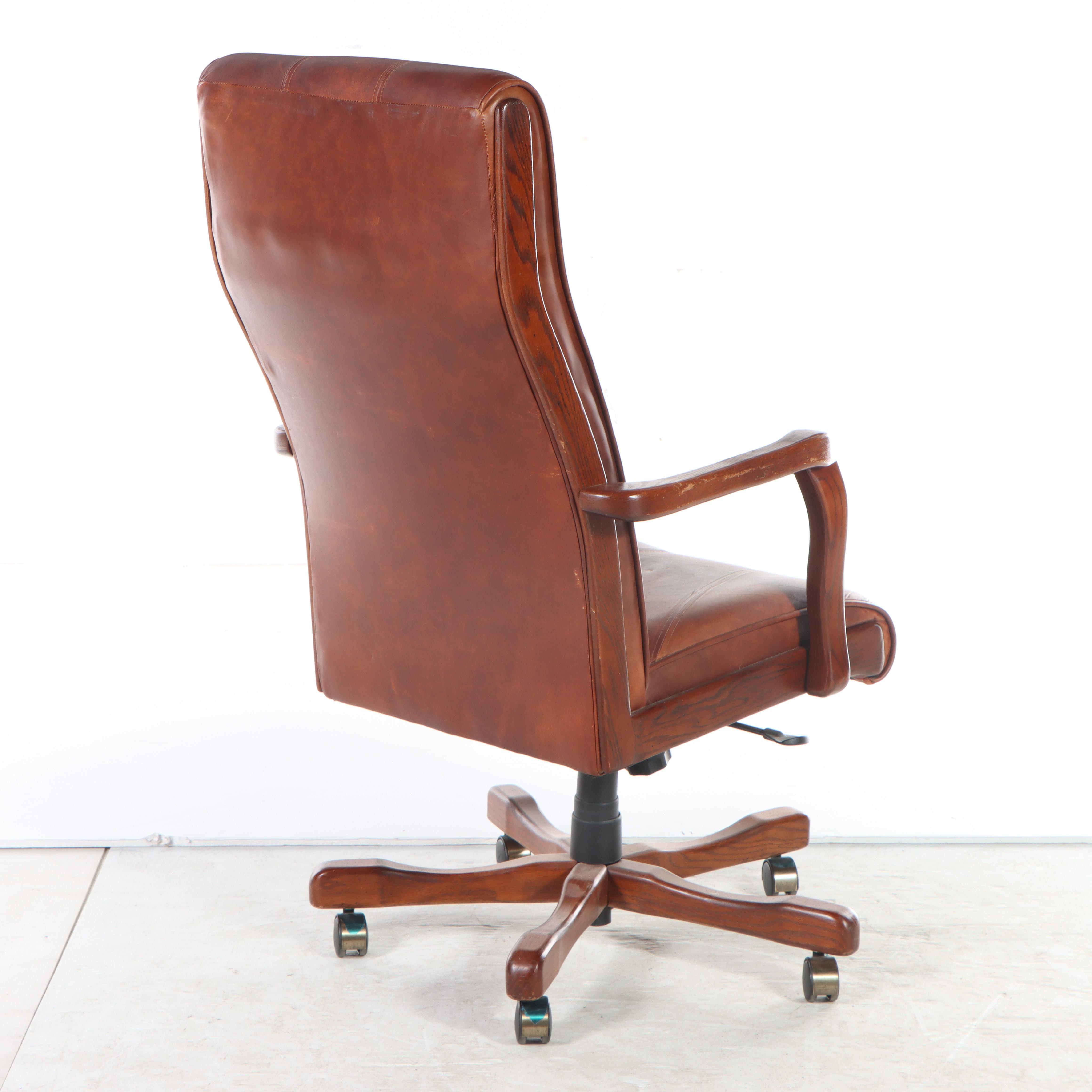 Oak and Leather Adjustable Executive Office Chair