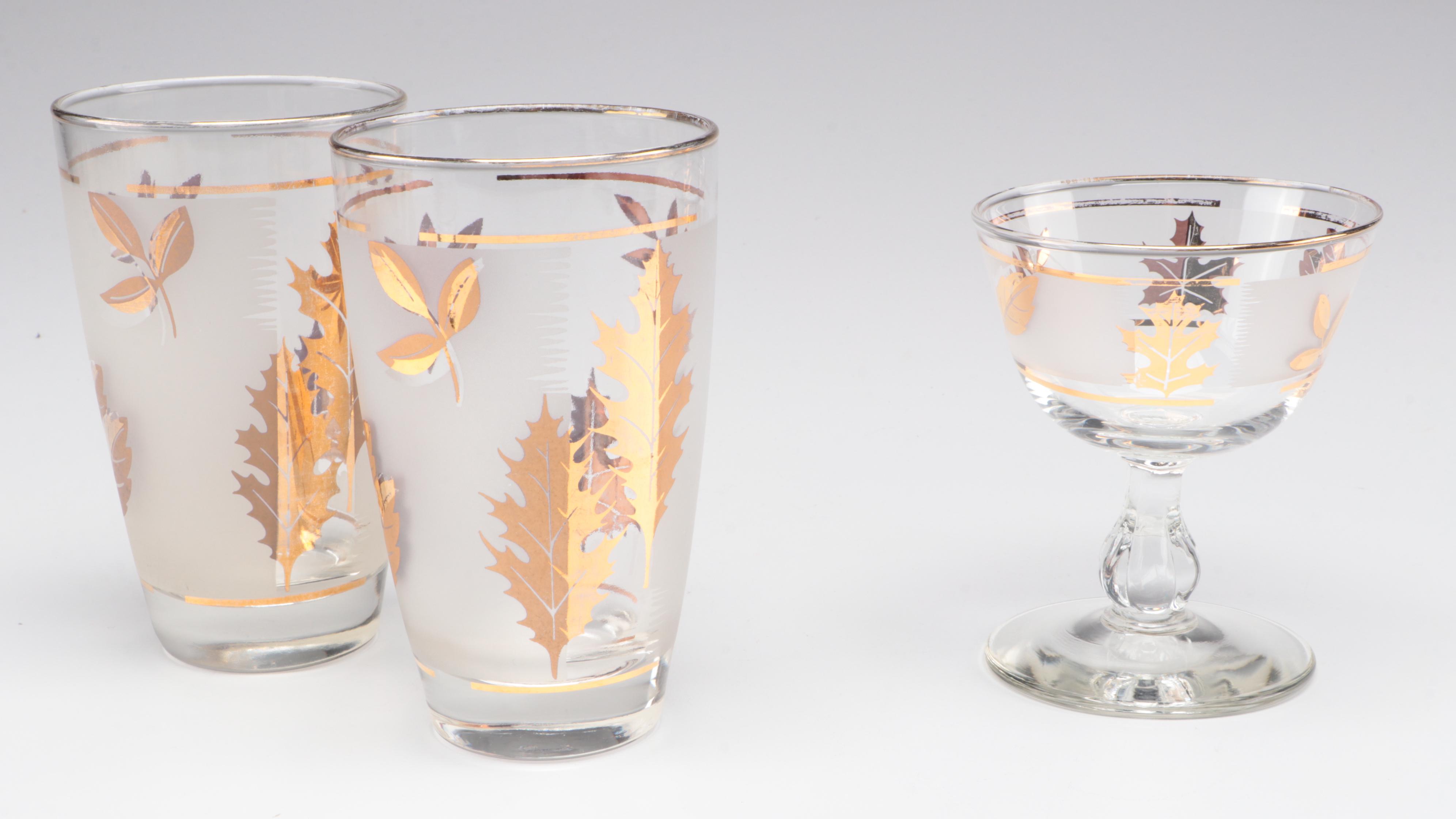 Italian Glass Pitcher with Libbey "Gold Leaves" Glass Tumblers and Cordials