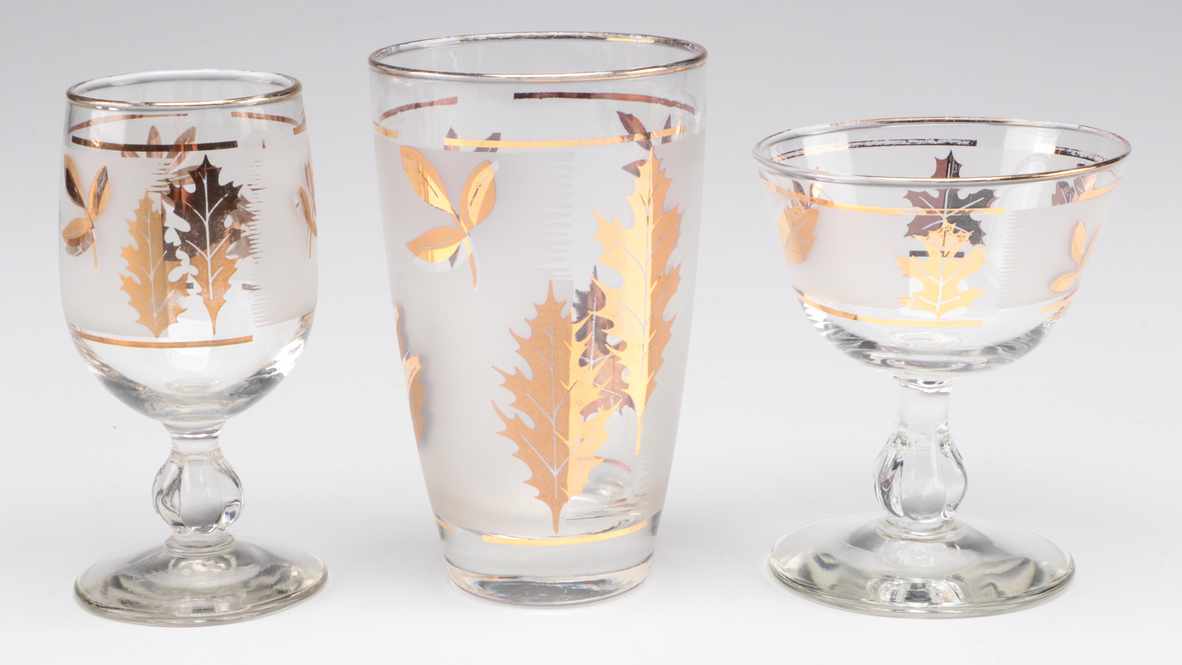 Italian Glass Pitcher with Libbey "Gold Leaves" Glass Tumblers and Cordials