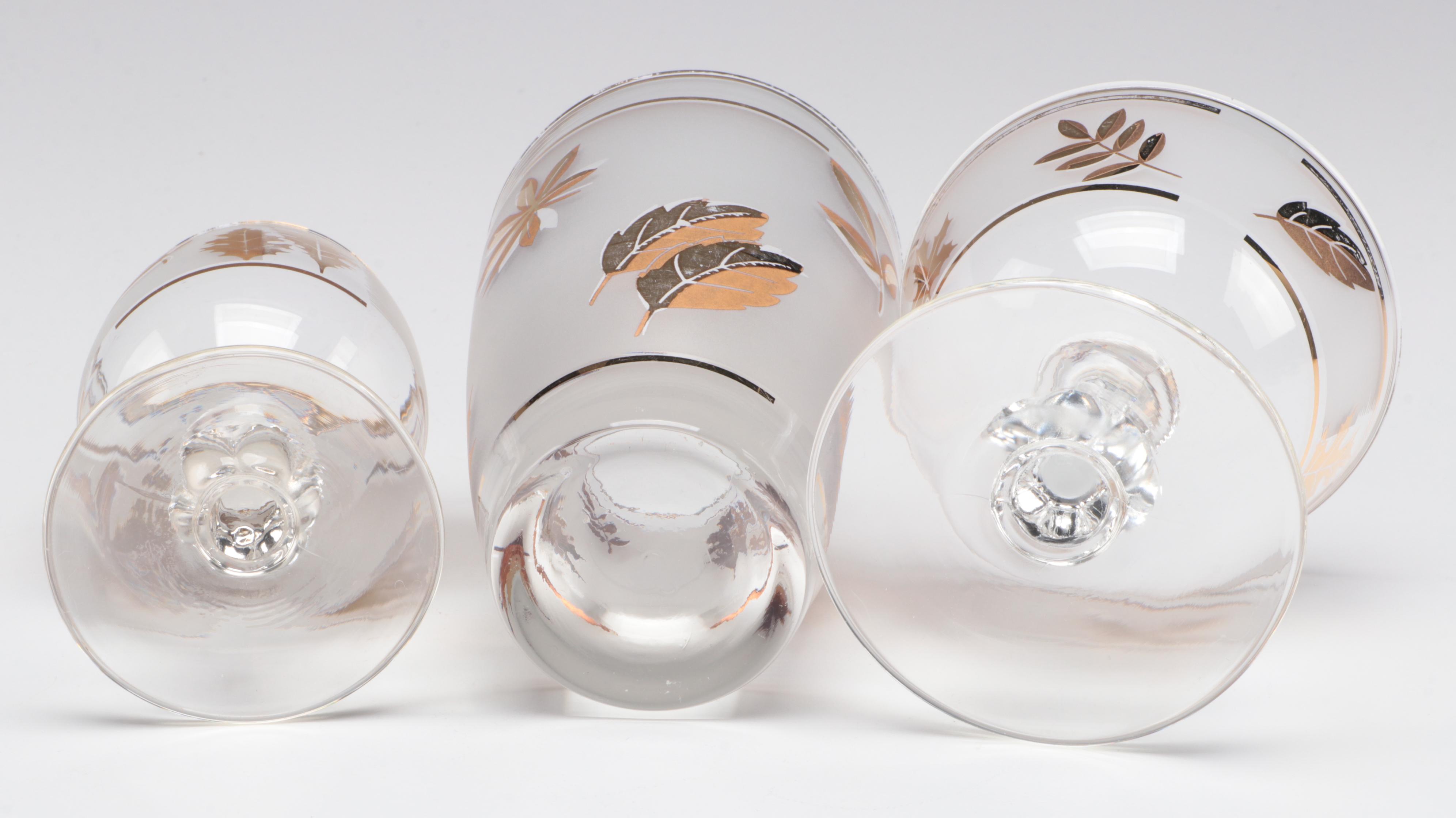 Italian Glass Pitcher with Libbey "Gold Leaves" Glass Tumblers and Cordials