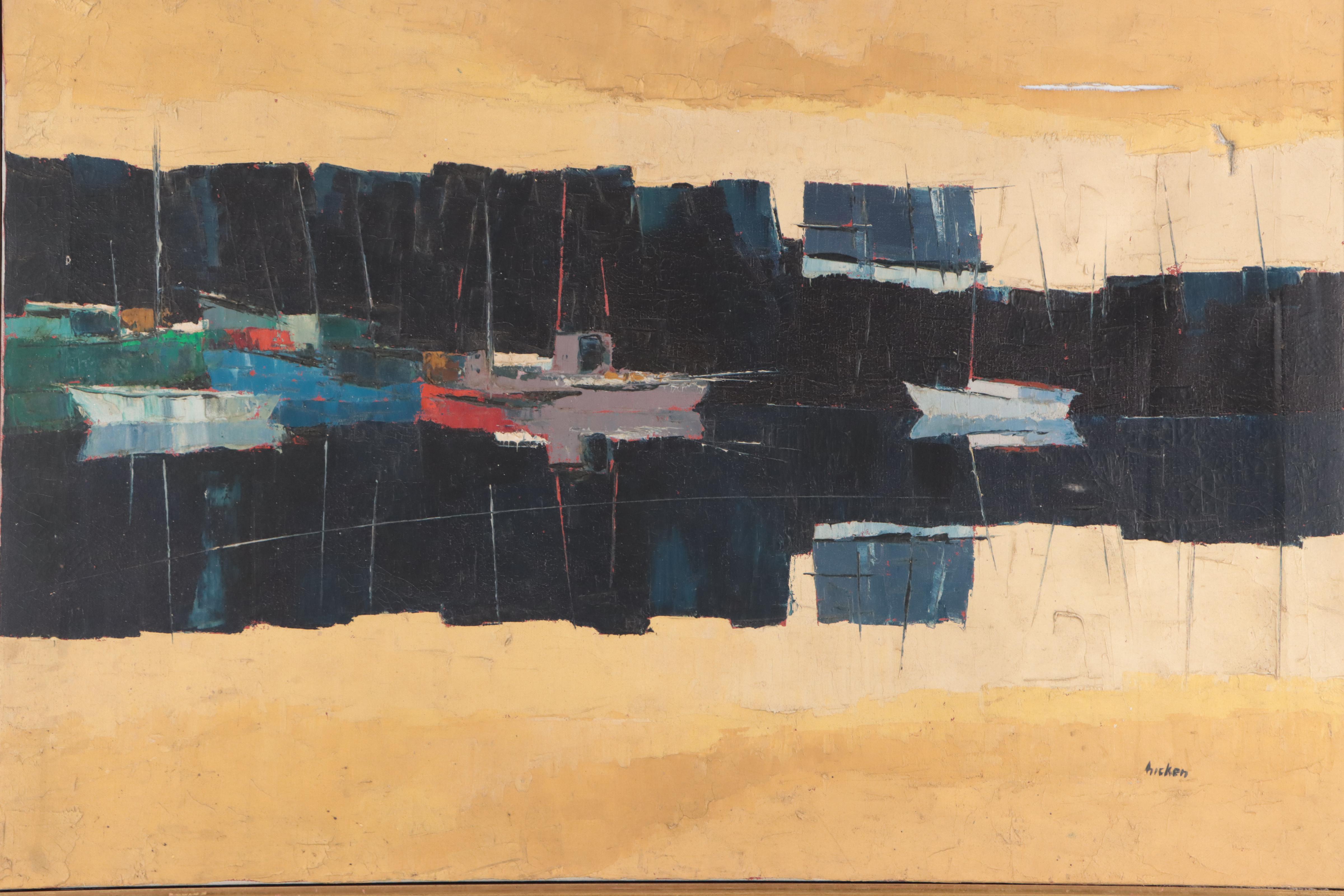 Philip Hicken Abstract Harbor Scene Oil Painting