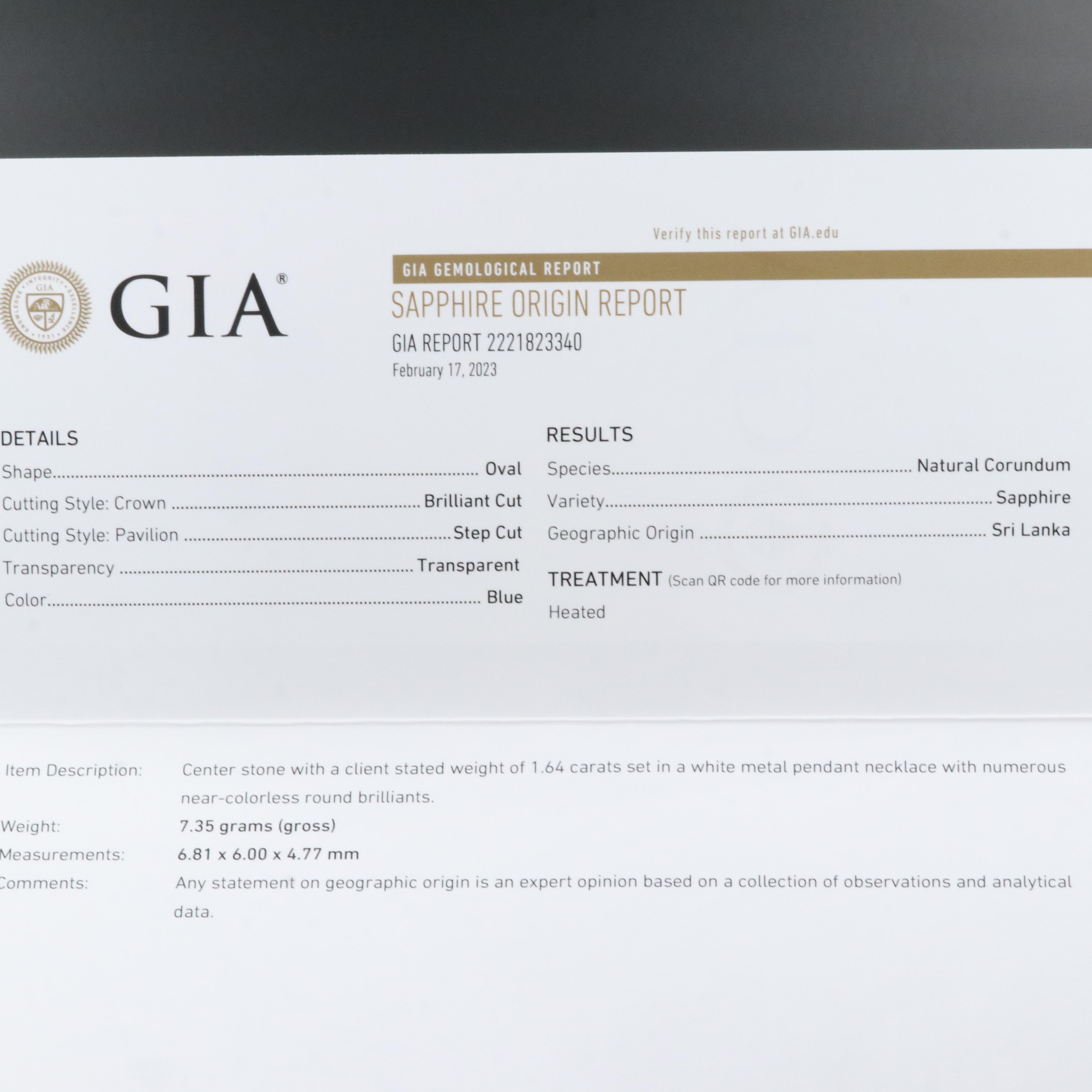 Platinum 1.64 CT Ceylon Sapphire and Diamond Pendant Necklace with GIA Report