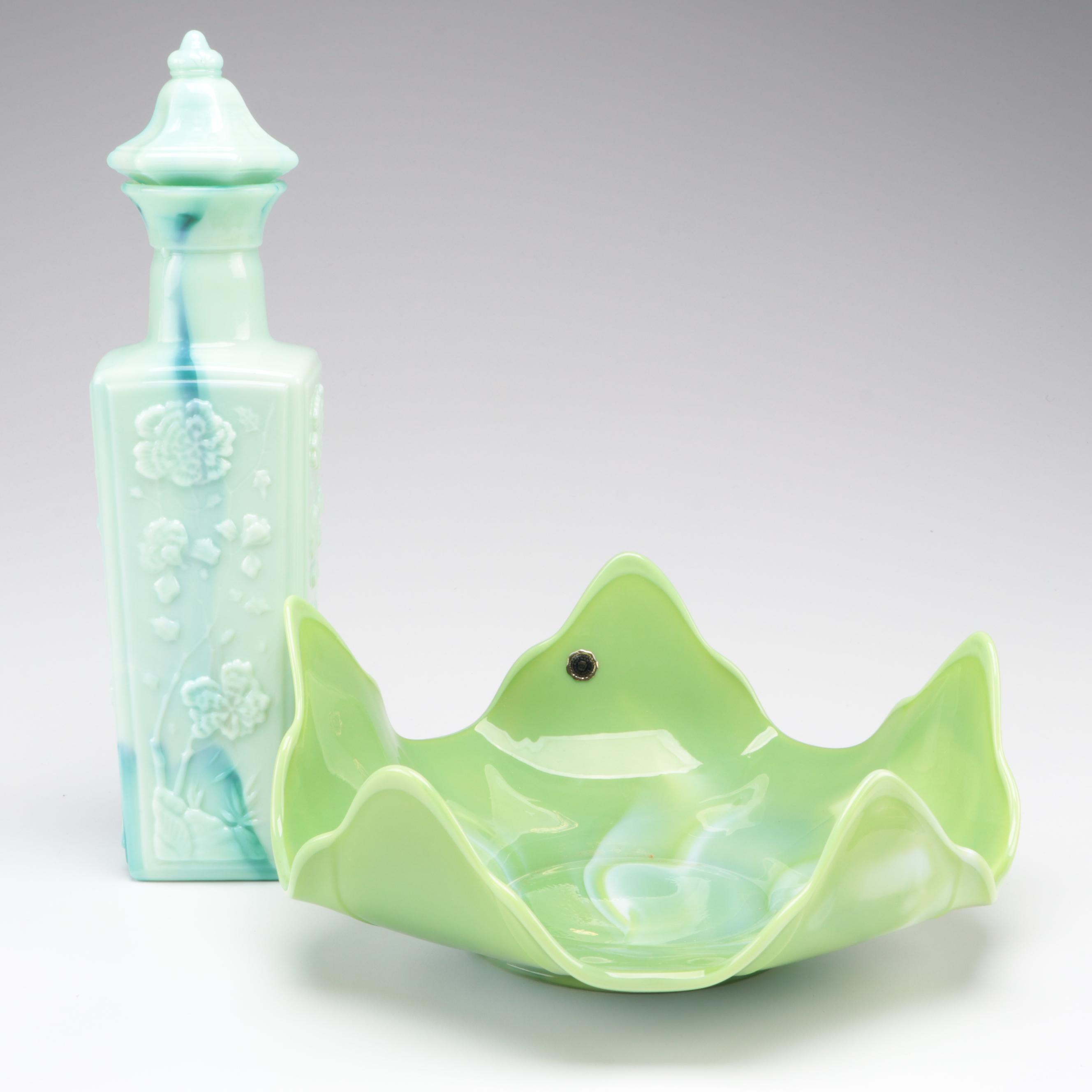 Westmoreland Slag Glass Handkerchief With Jim Beam Slag Glass Liquor Bottle