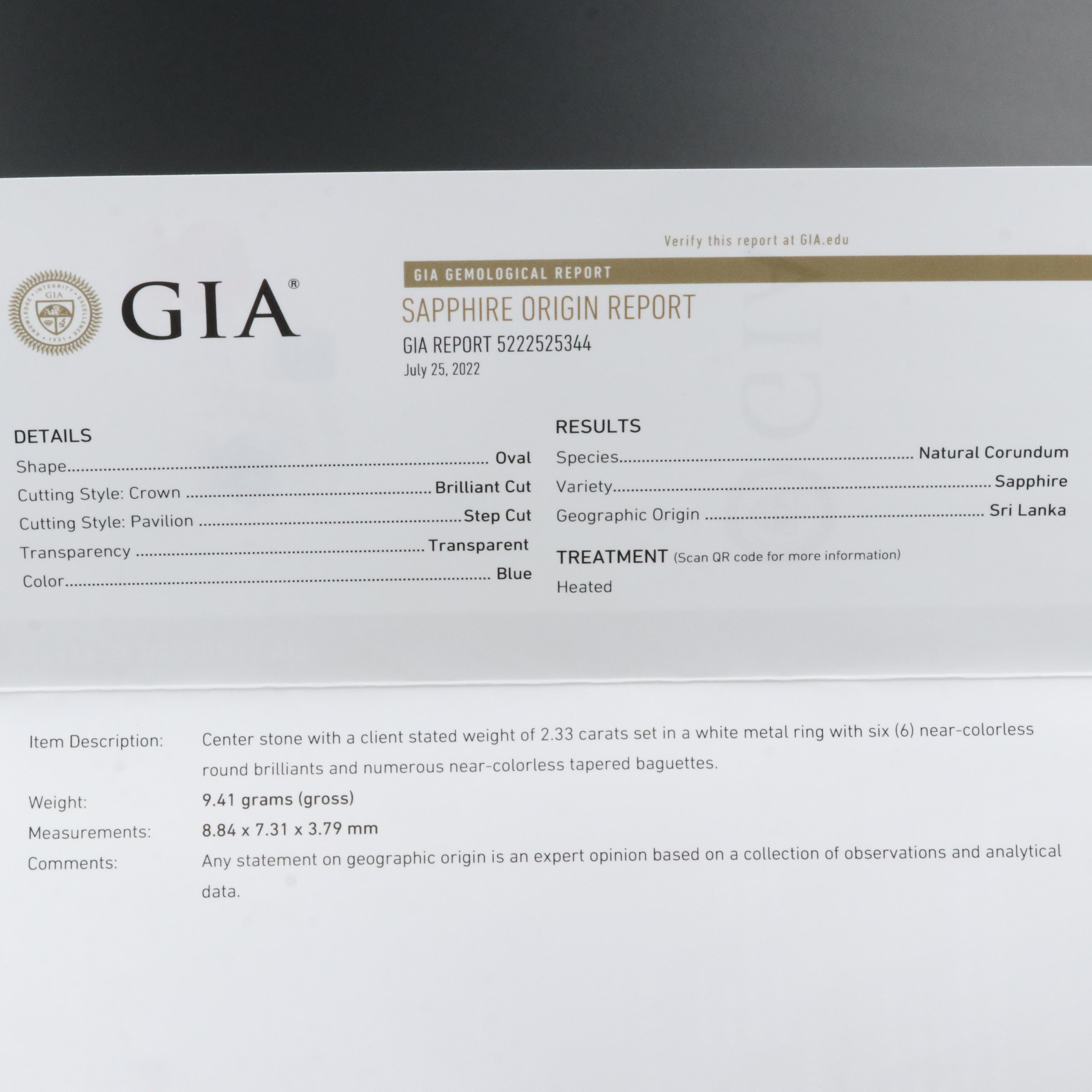 Platinum 2.33 CT Ceylon Sapphire and 1.27 CTW Diamond Ring with GIA Report