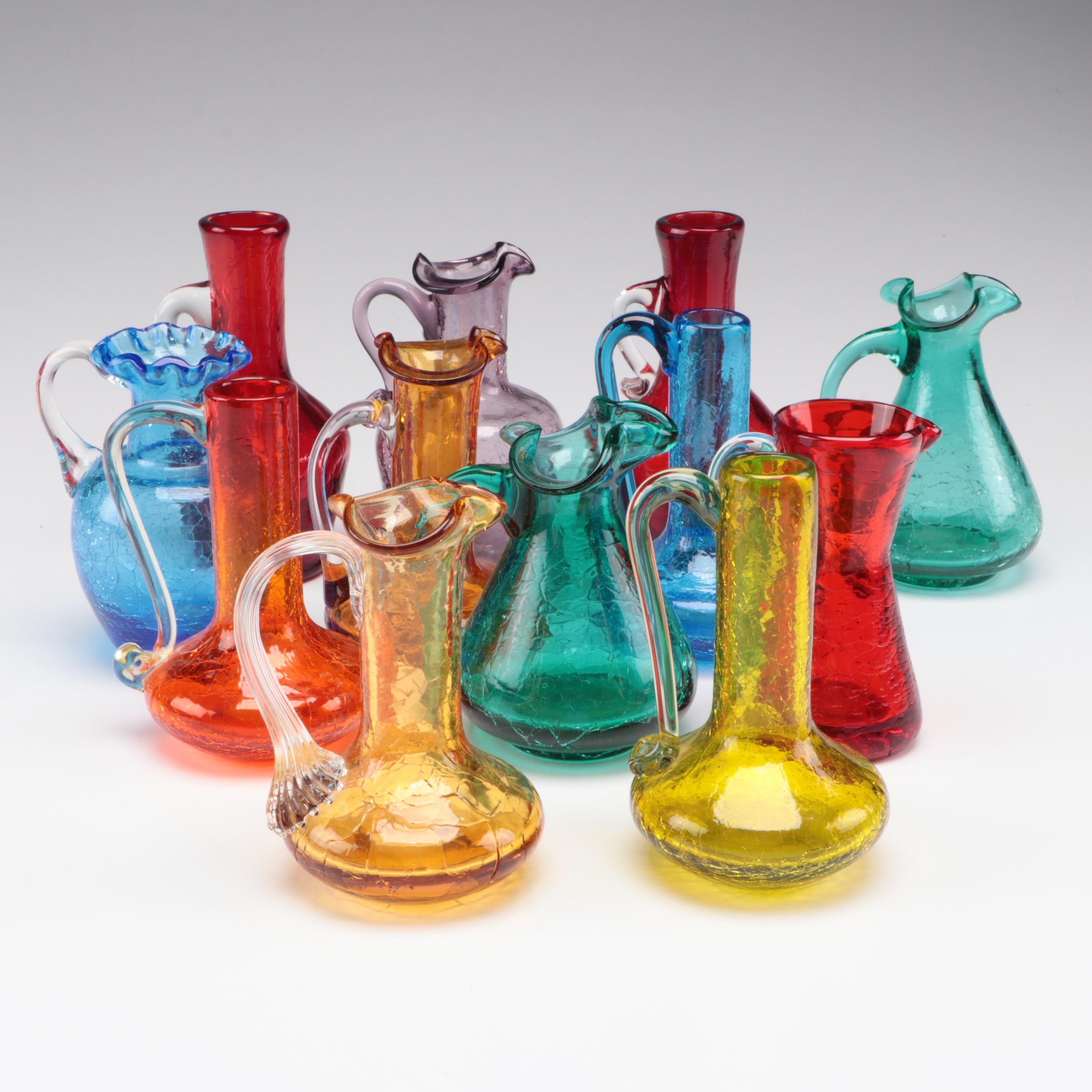 Crackle Colored Glass Pitchers, Mid to Late 20th Century