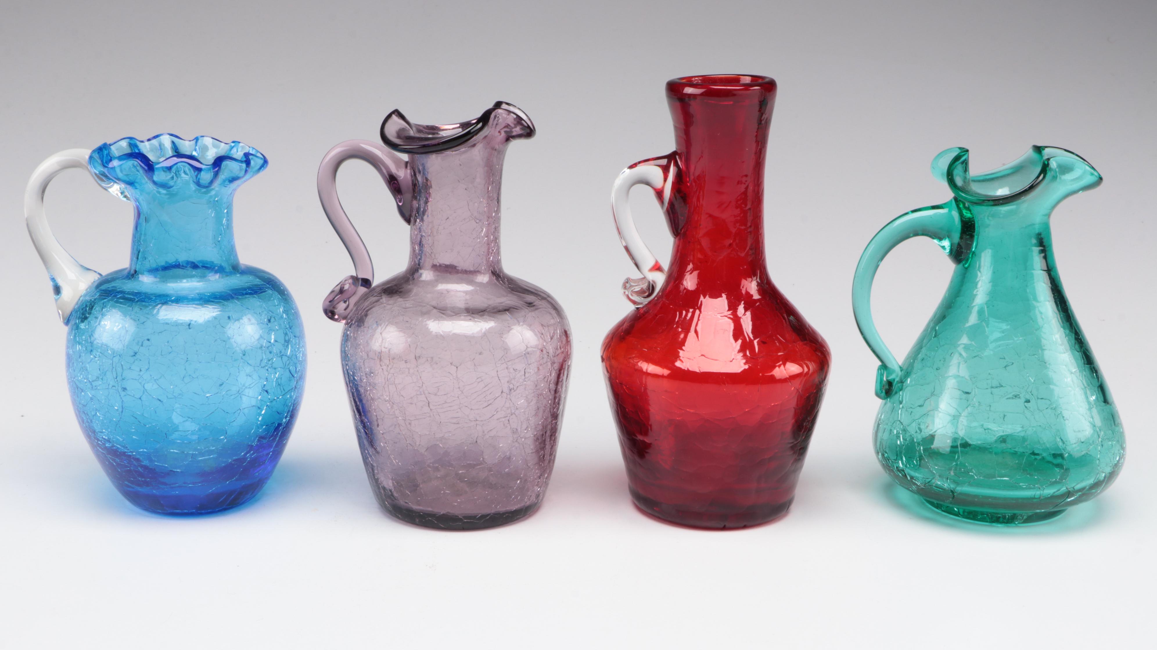 Crackle Colored Glass Pitchers, Mid to Late 20th Century