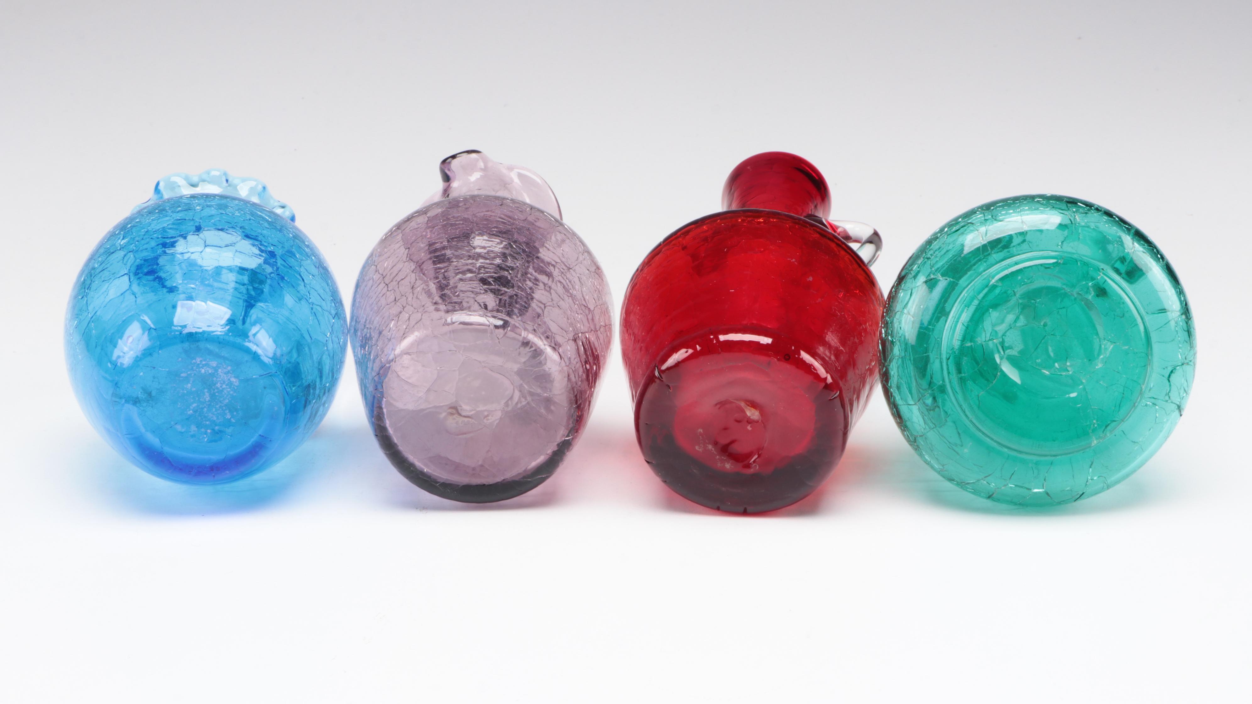 Crackle Colored Glass Pitchers, Mid to Late 20th Century