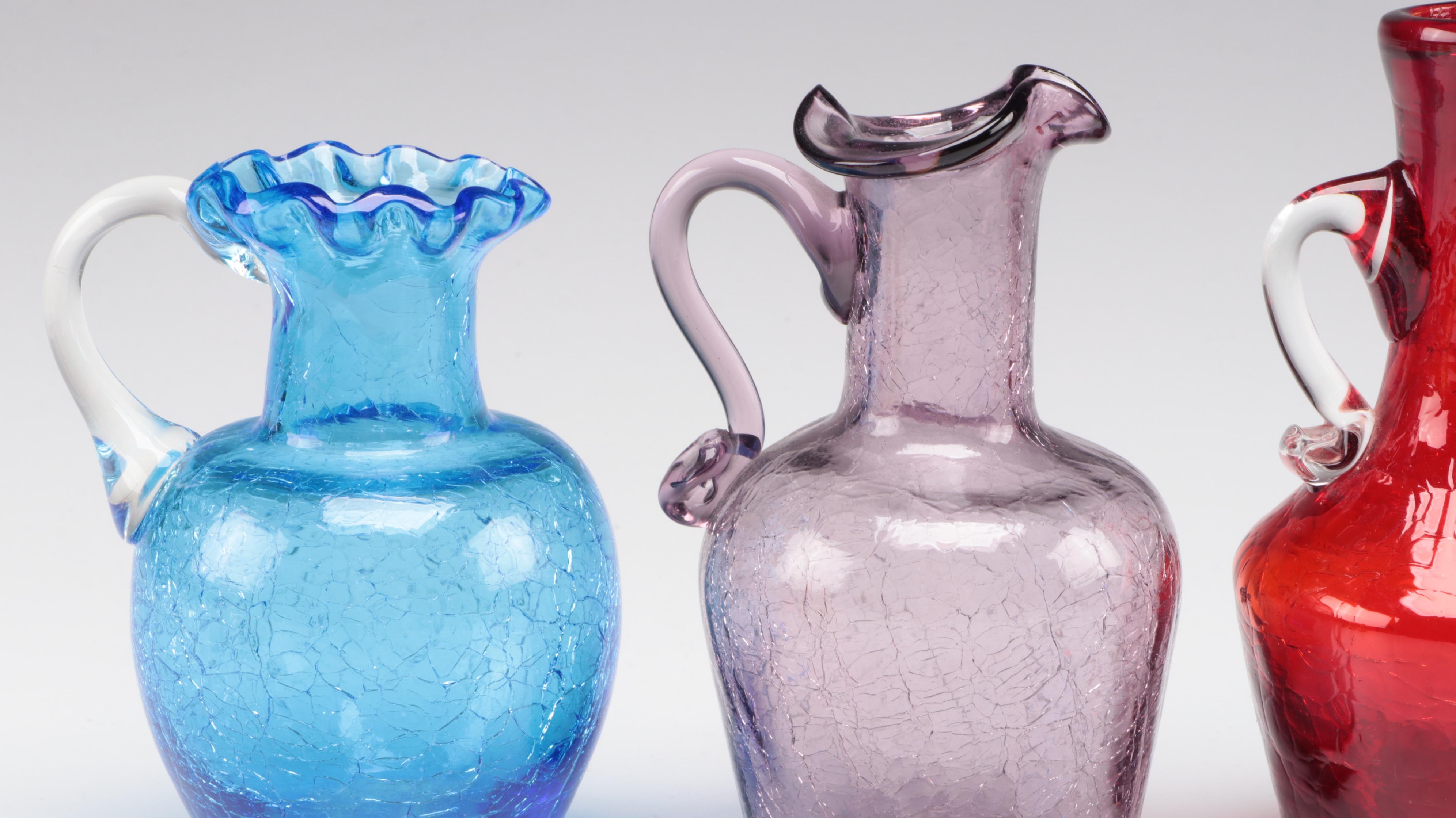 Crackle Colored Glass Pitchers, Mid to Late 20th Century