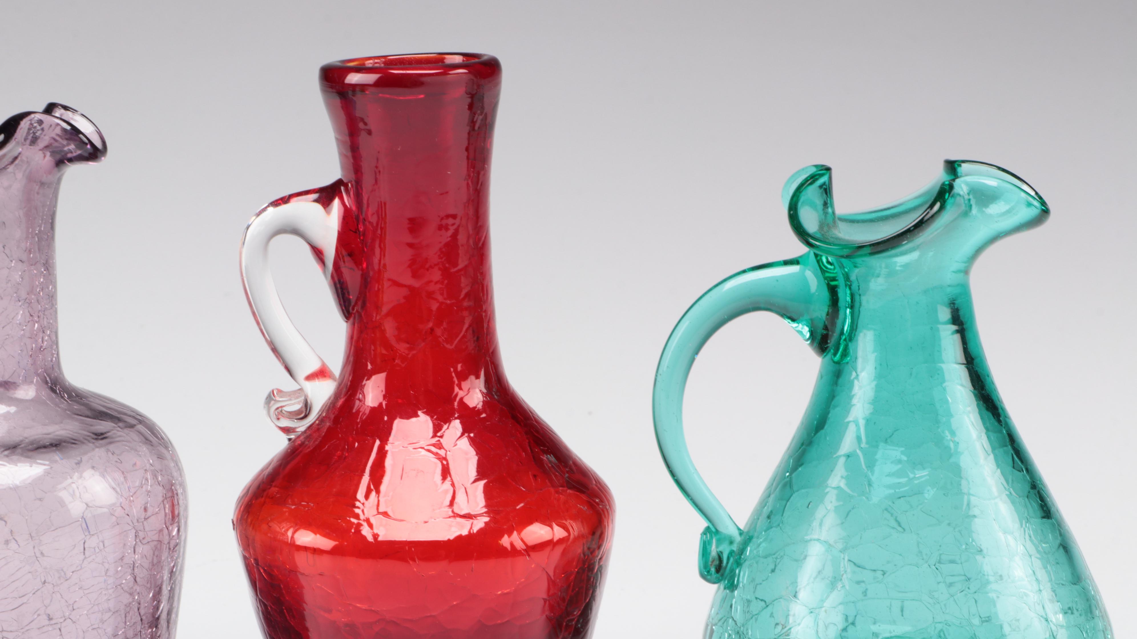 Crackle Colored Glass Pitchers, Mid to Late 20th Century
