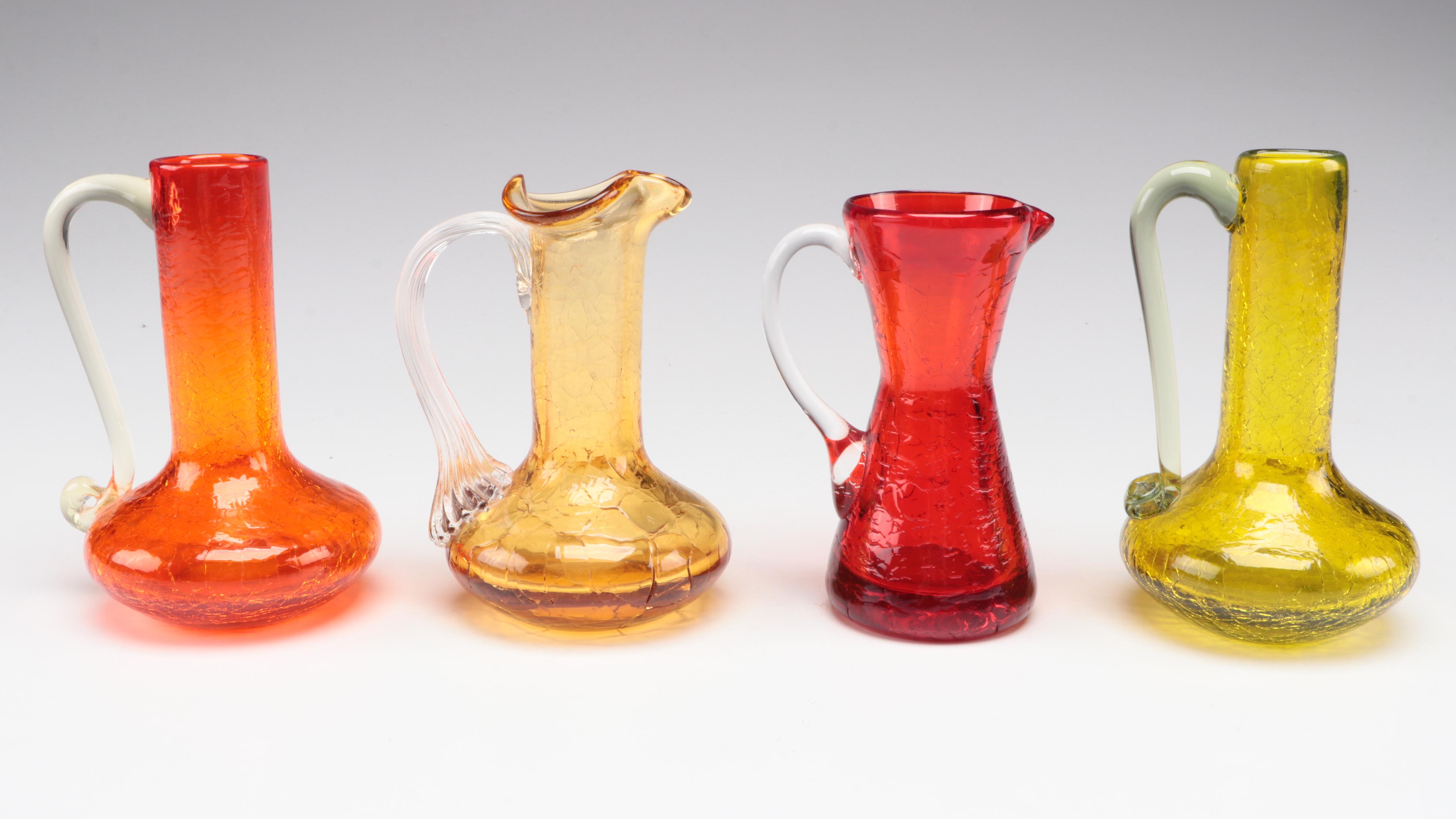 Crackle Colored Glass Pitchers, Mid to Late 20th Century