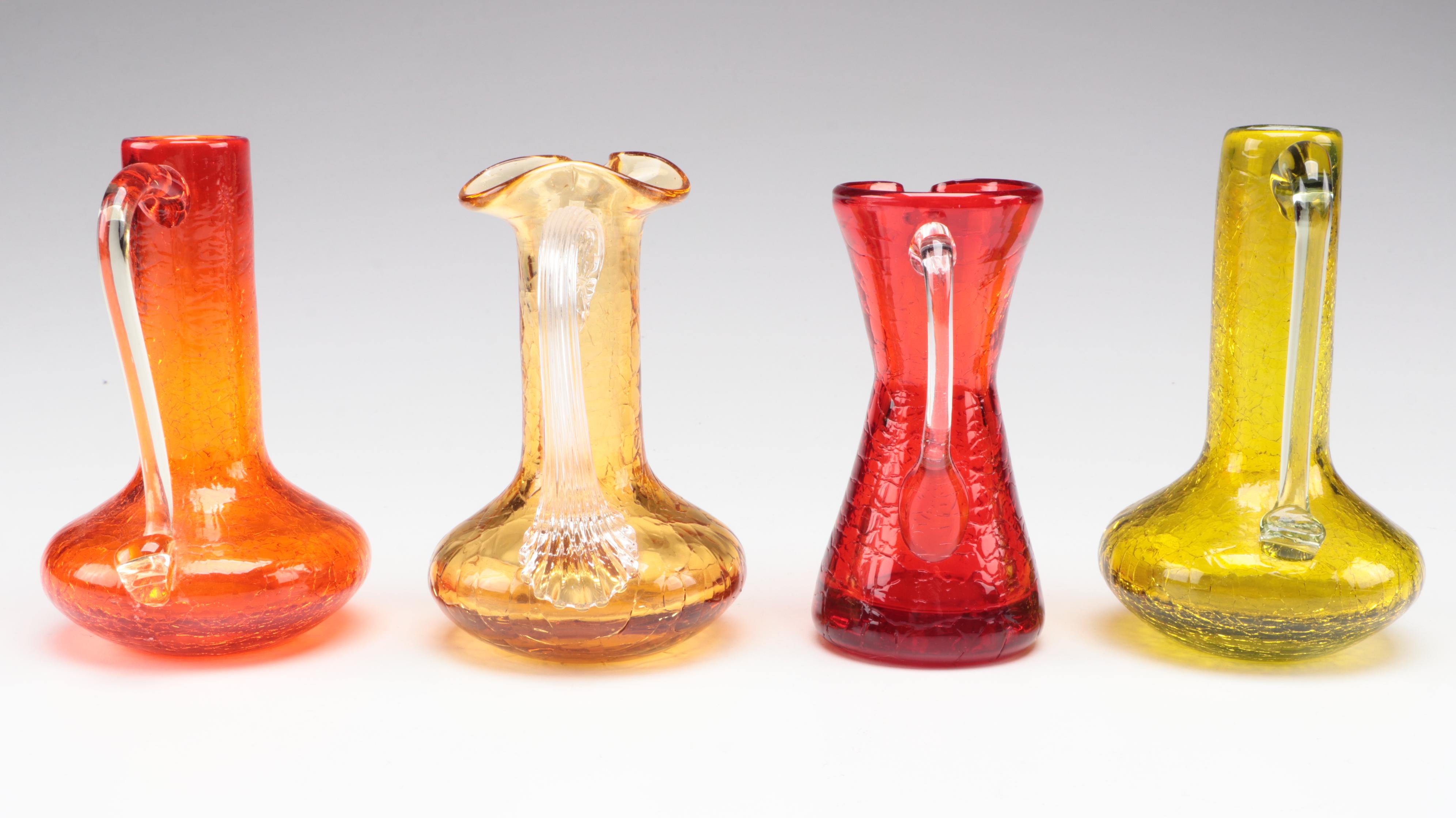 Crackle Colored Glass Pitchers, Mid to Late 20th Century