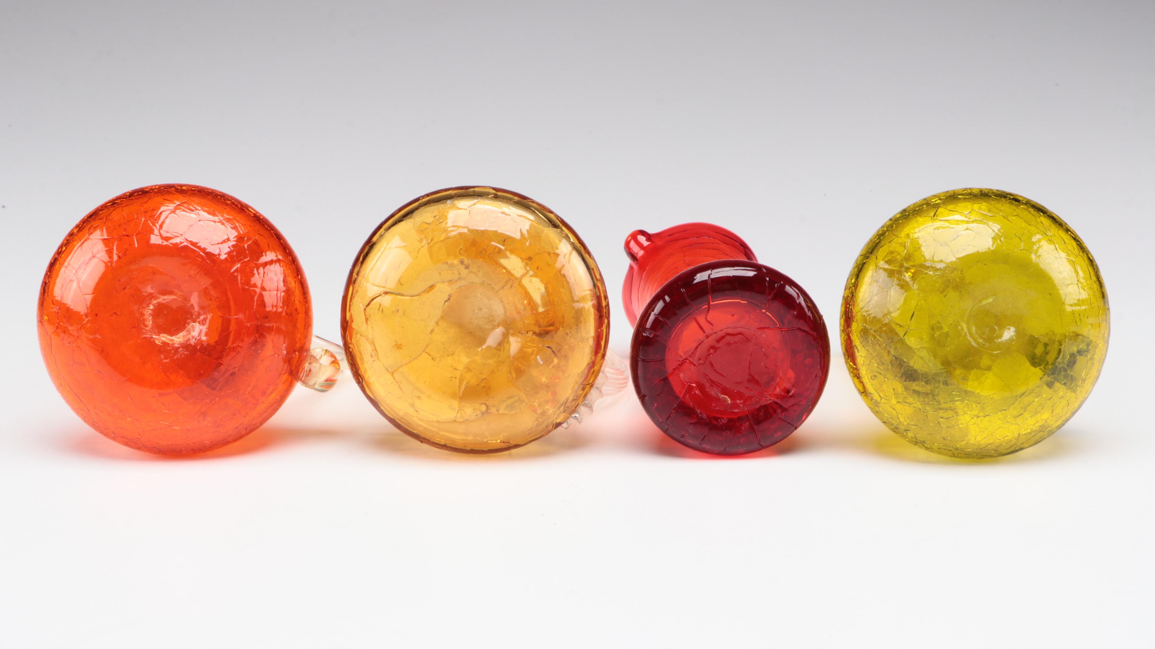 Crackle Colored Glass Pitchers, Mid to Late 20th Century