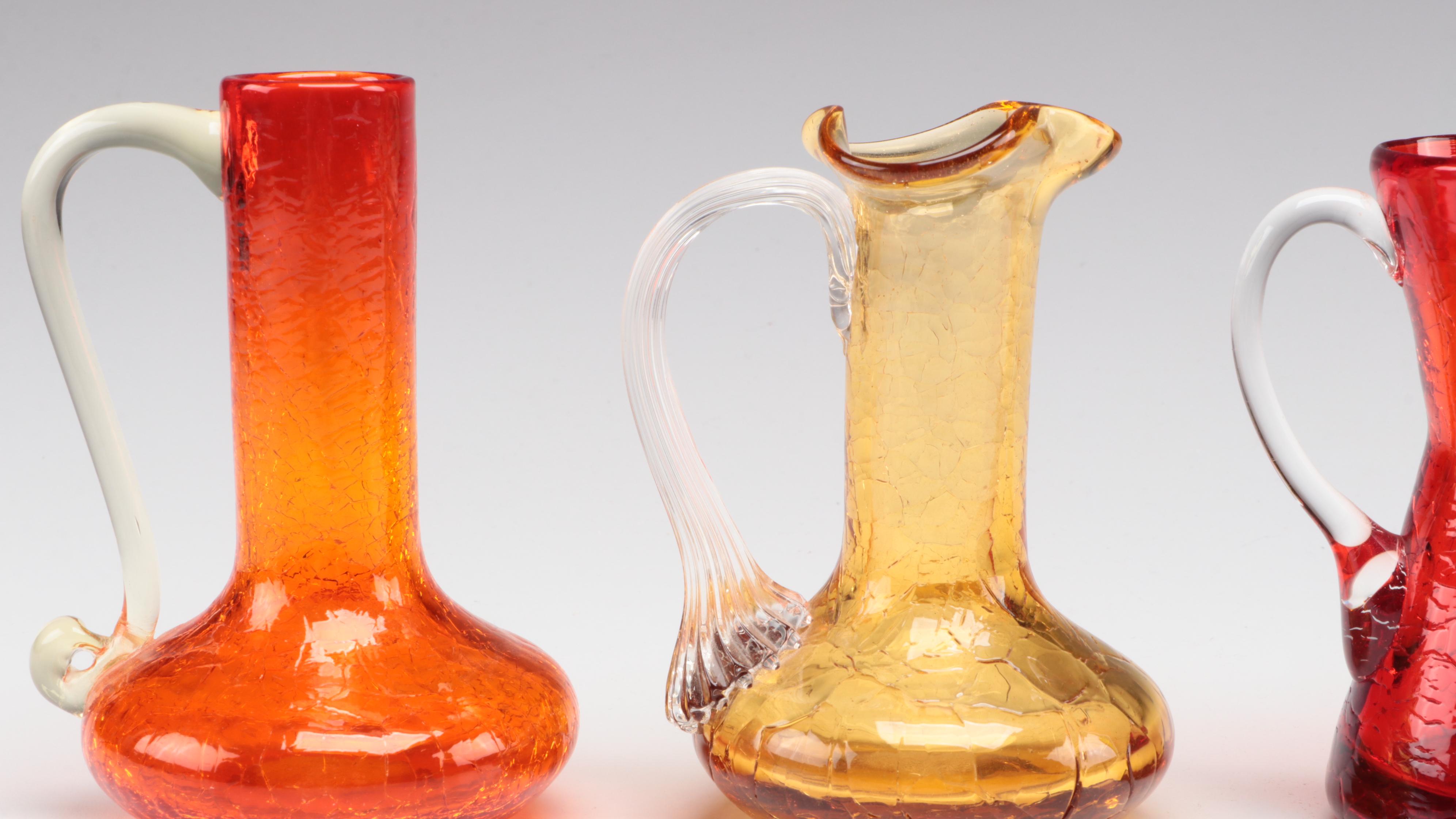 Crackle Colored Glass Pitchers, Mid to Late 20th Century