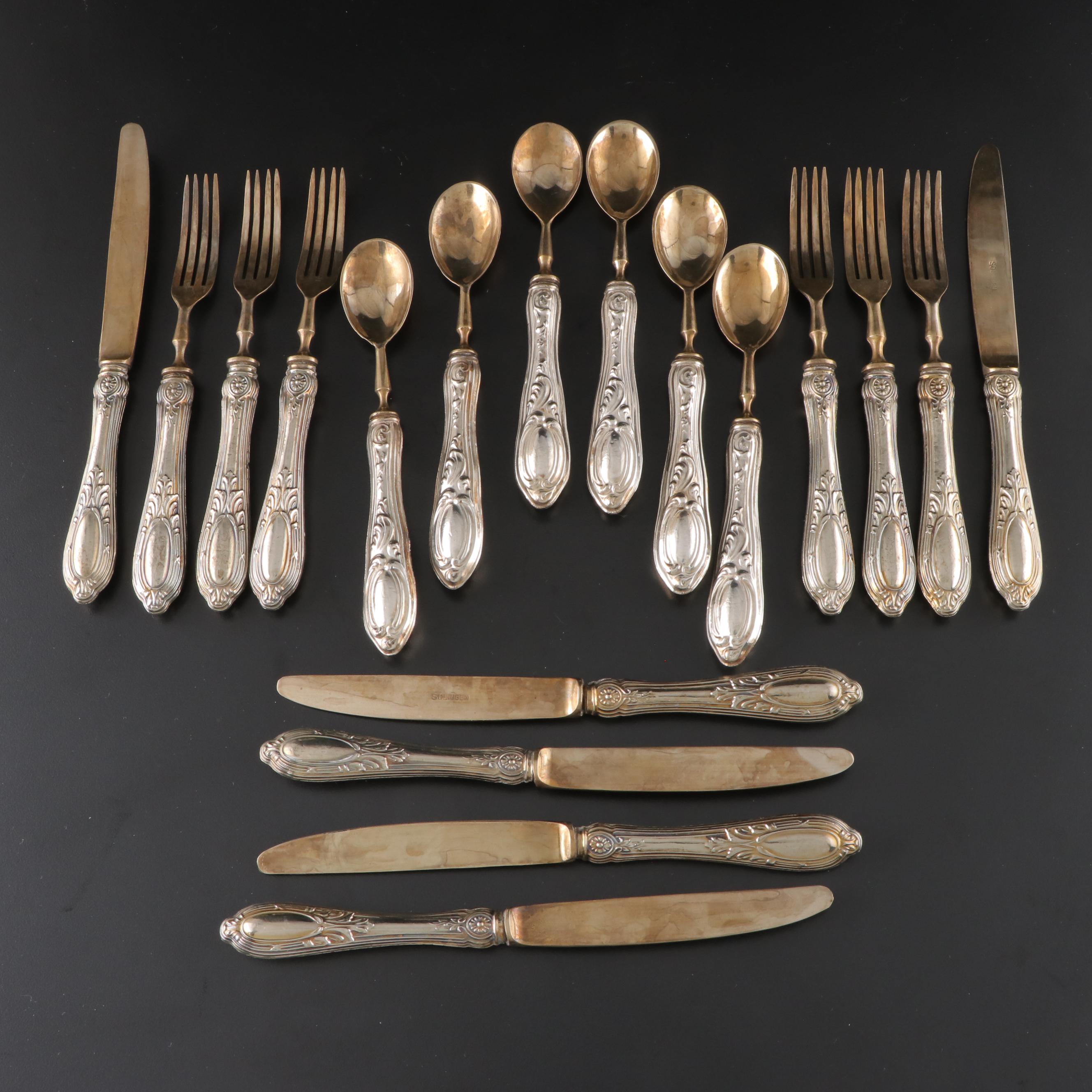 German 800 Silver Handled Gold Washed Dessert Set