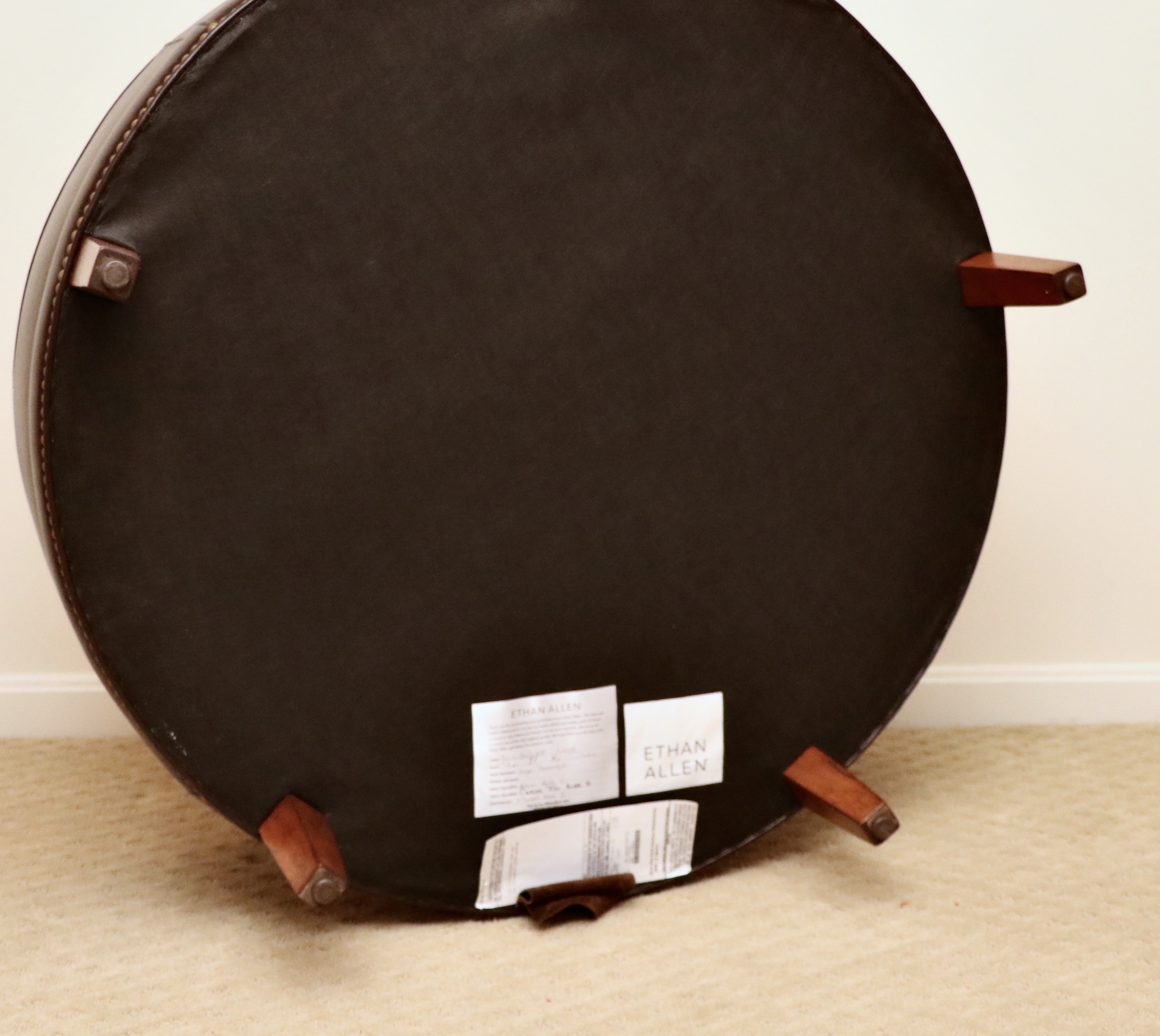 Ethan Allen "Nassau" Tufted Leather Round Cocktail Ottoman