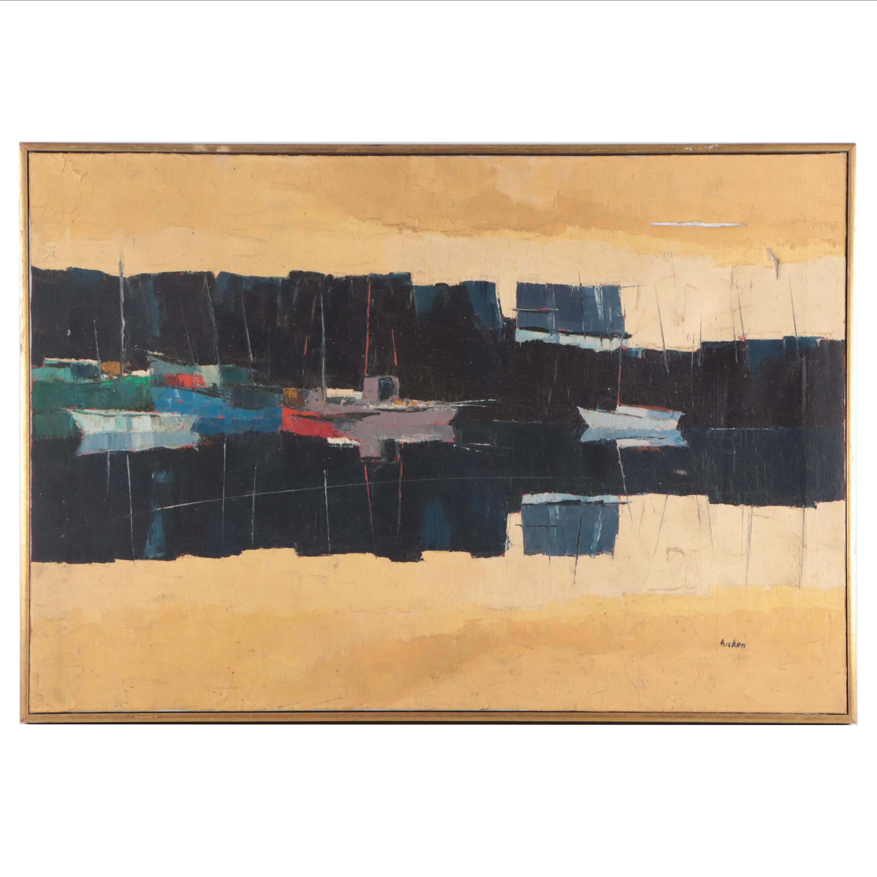 Philip Hicken Abstract Harbor Scene Oil Painting