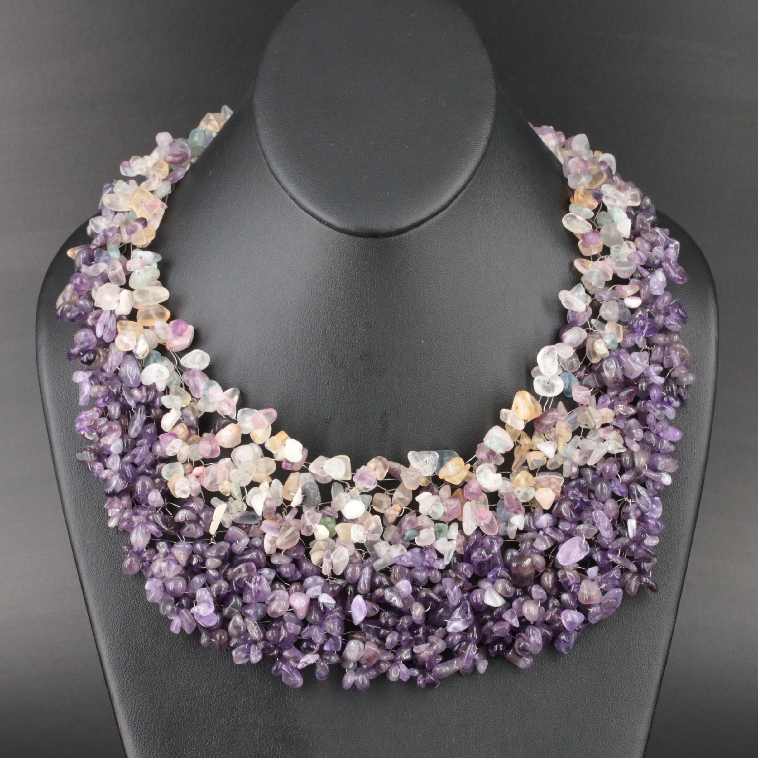 Sterling Amethyst and Fluorite Beaded Bib Necklace