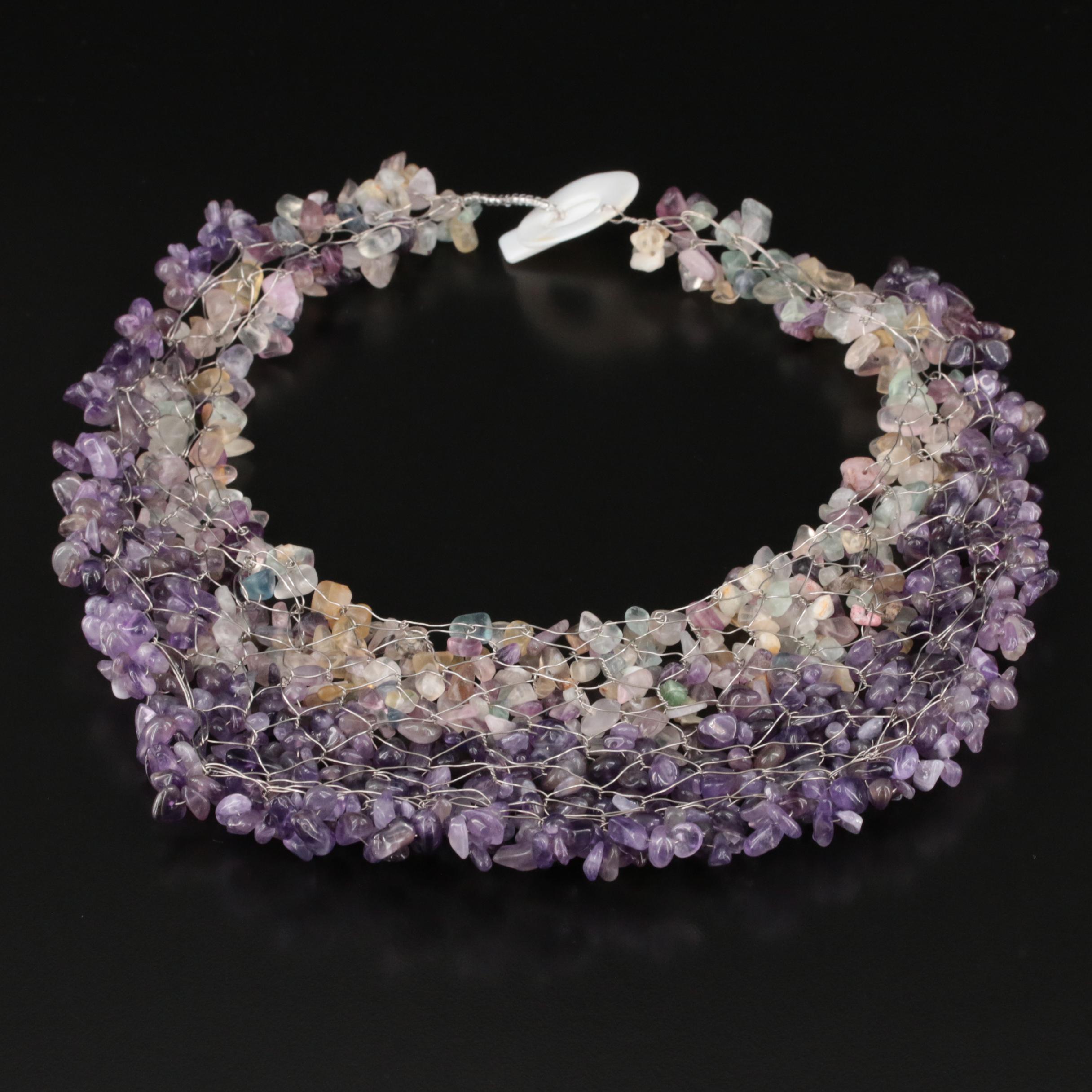 Sterling Amethyst and Fluorite Beaded Bib Necklace