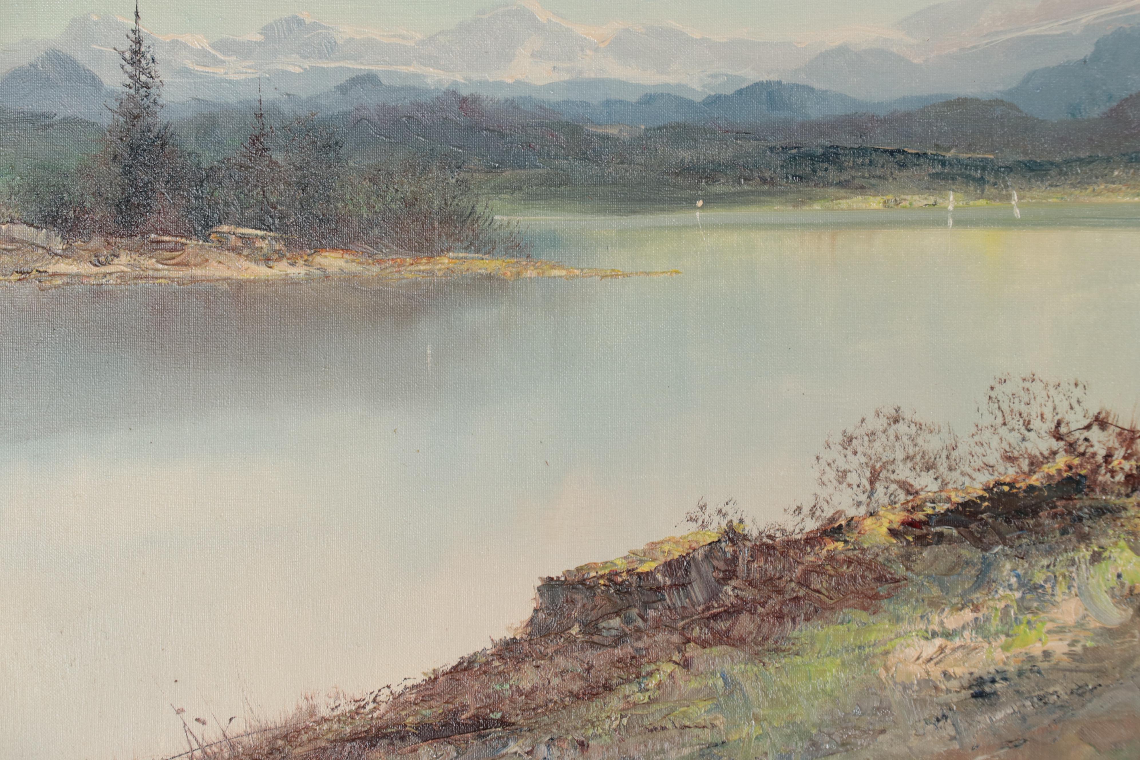 Mountainous Lake Landscape Oil Painting