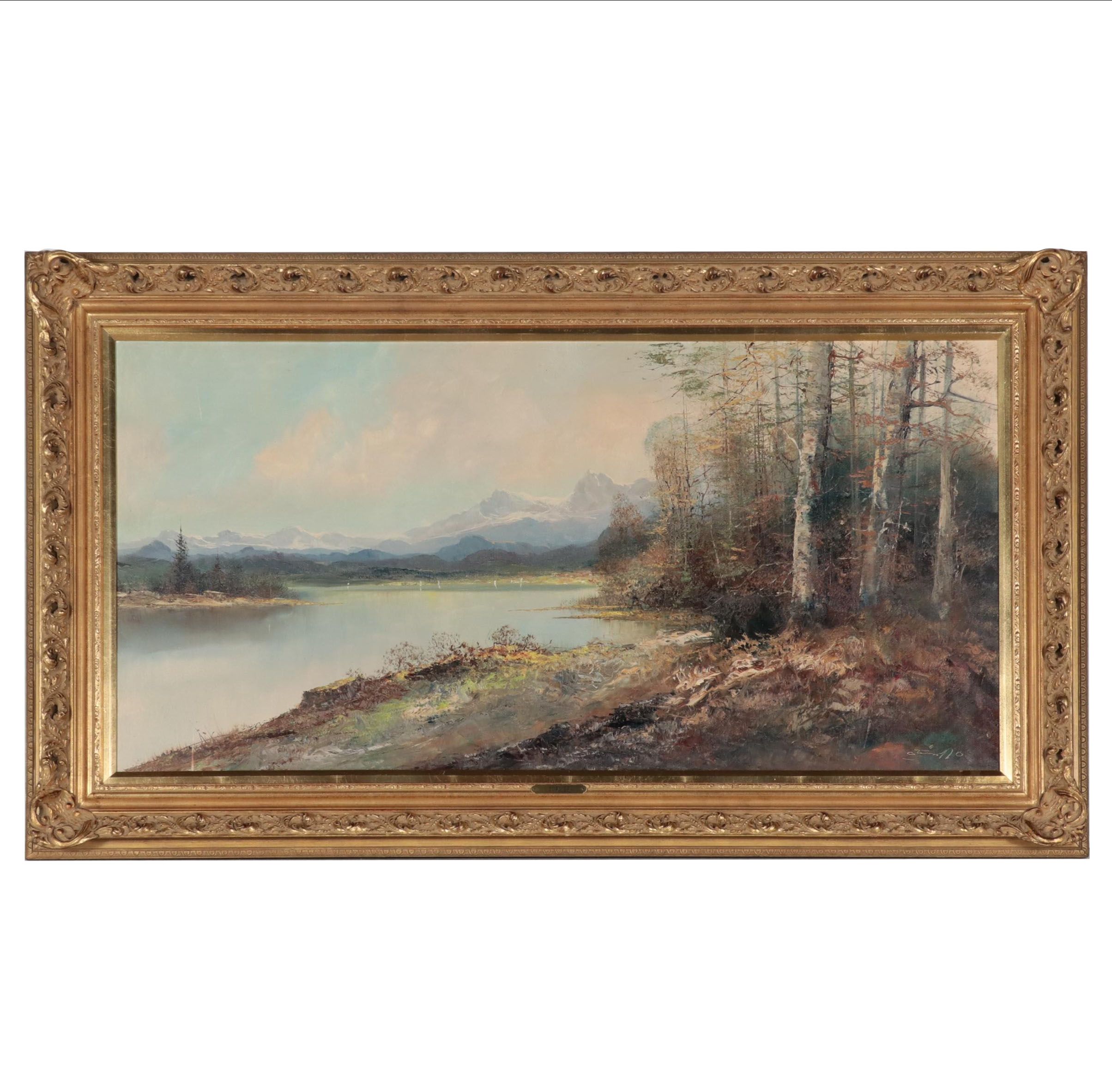 Mountainous Lake Landscape Oil Painting