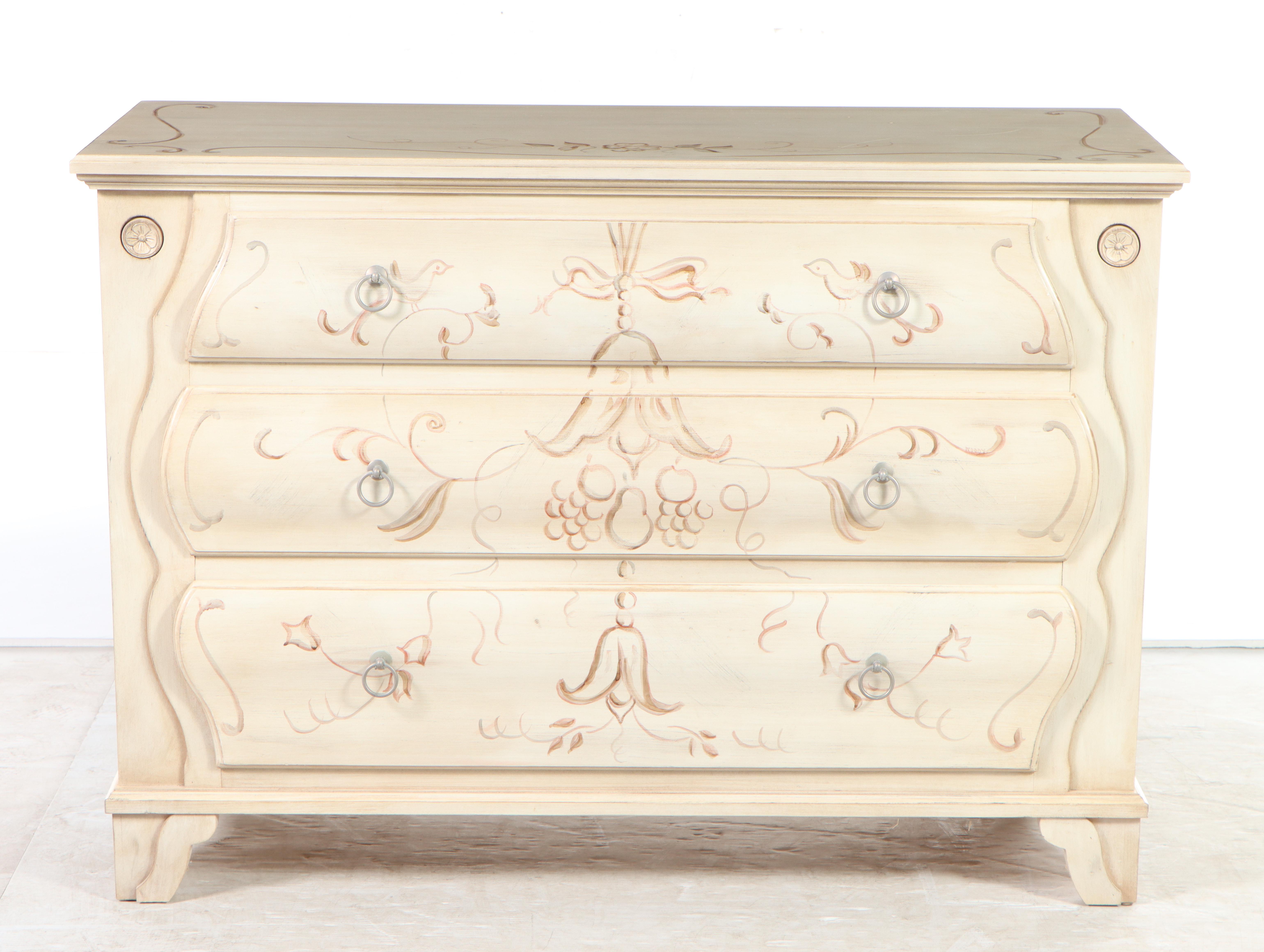 Ethan Allen Hand-Painted Antiqued Chest of Drawers With Floral and Bird Motif