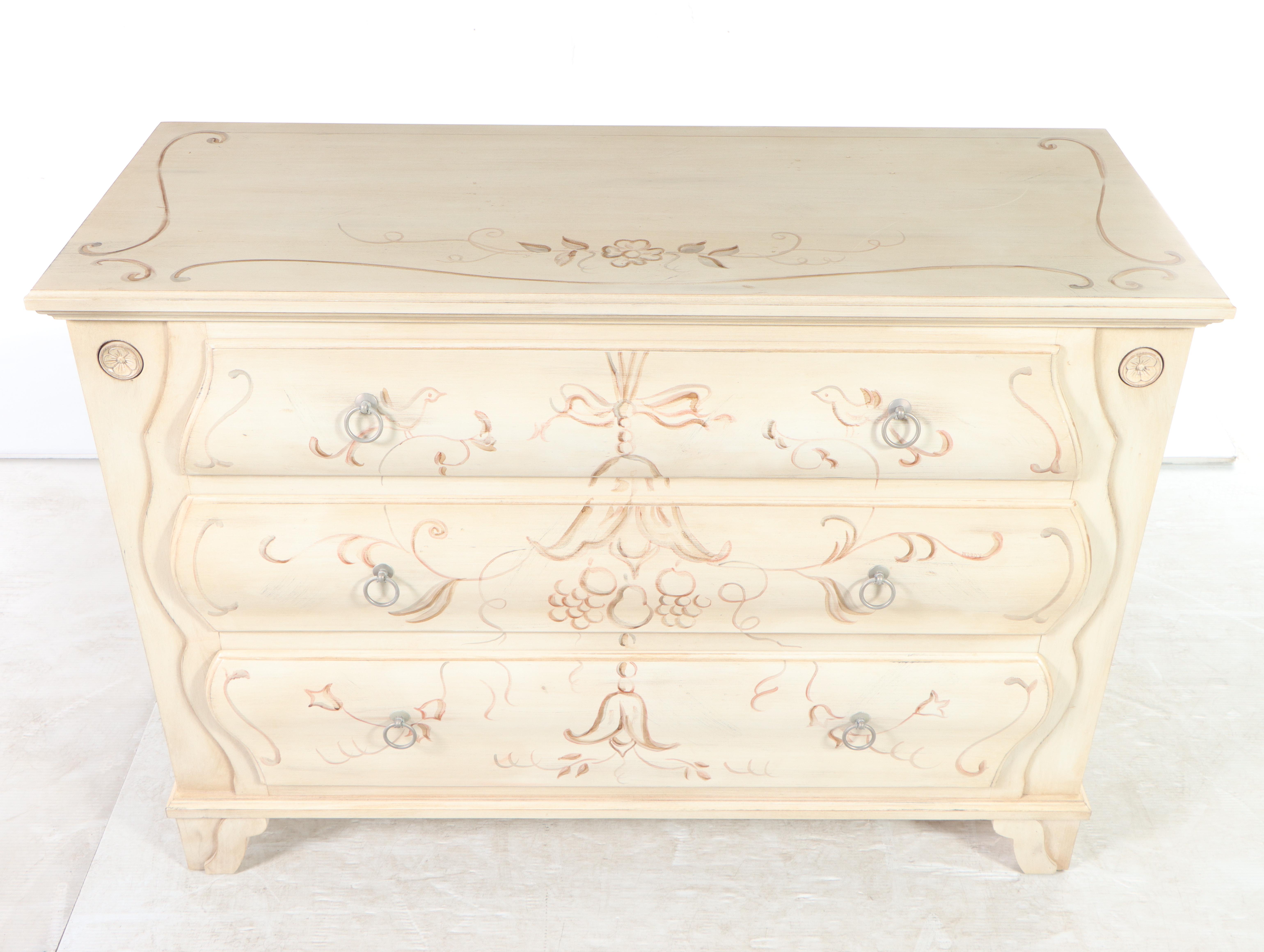 Ethan Allen Hand-Painted Antiqued Chest of Drawers With Floral and Bird Motif
