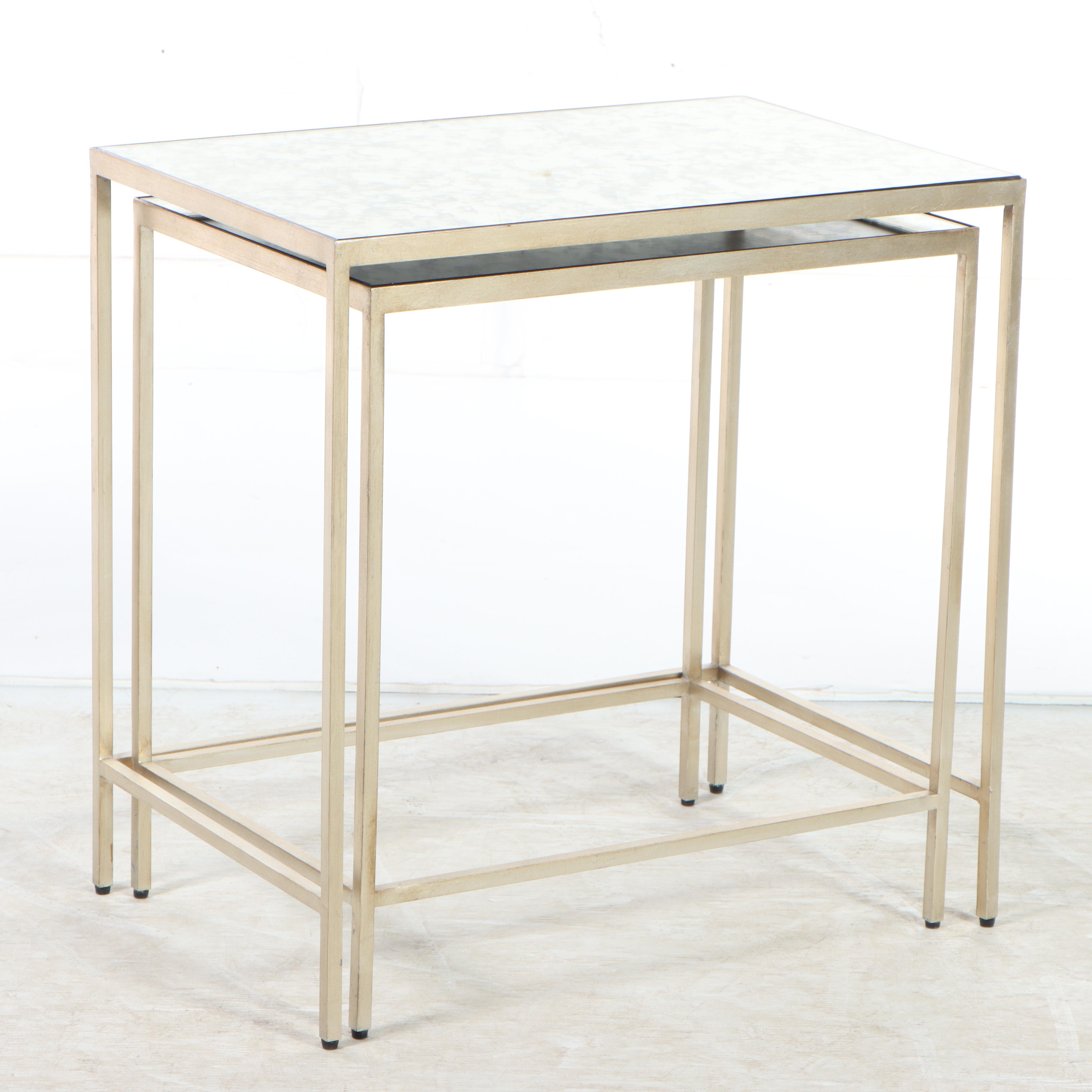 Ethan Allen "Zachary" Antiqued Mirror and Champagne Metal Nesting Tables