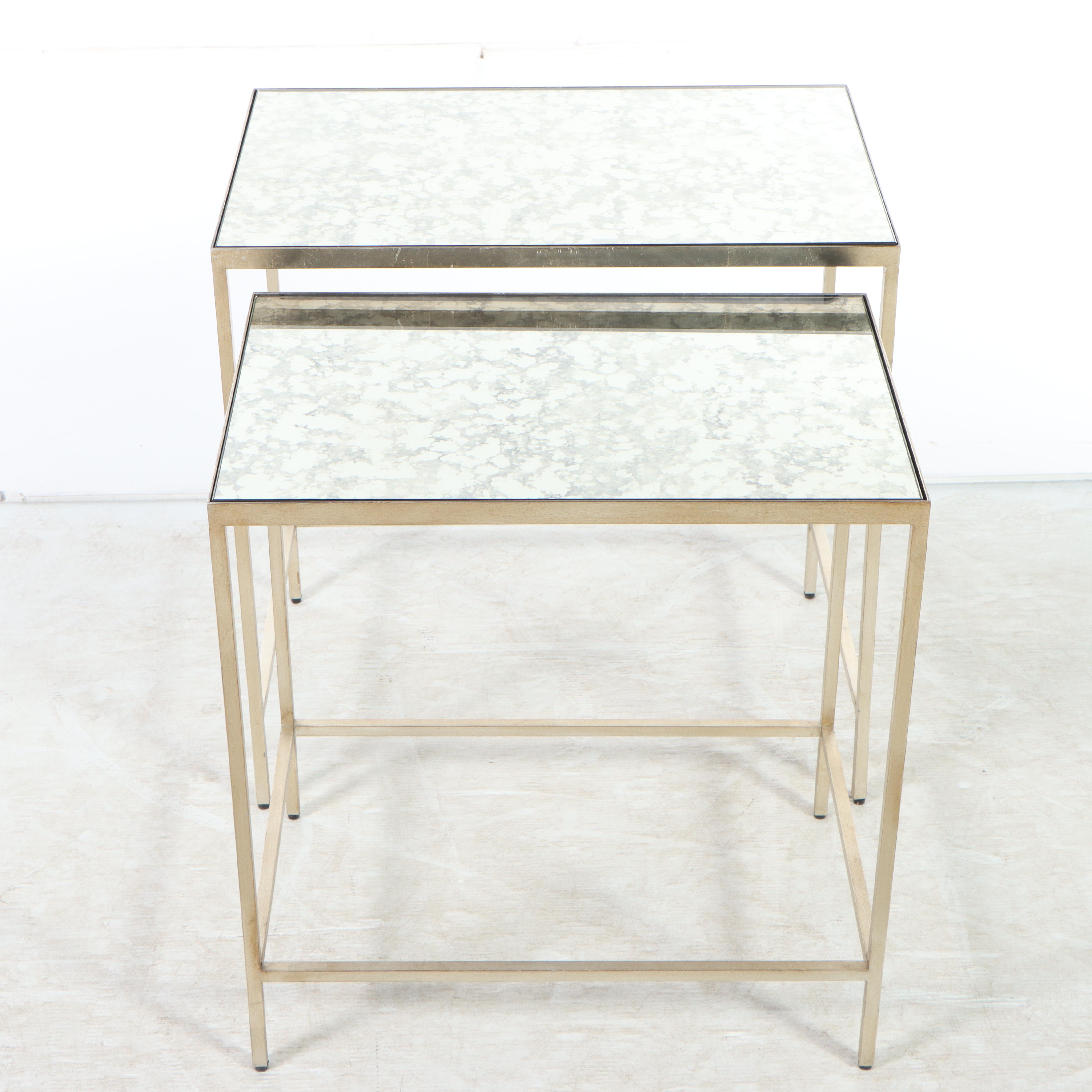 Ethan Allen "Zachary" Antiqued Mirror and Champagne Metal Nesting Tables