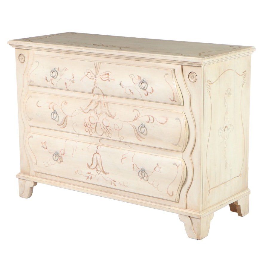 Ethan Allen Hand-Painted Antiqued Chest of Drawers With Floral and Bird Motif