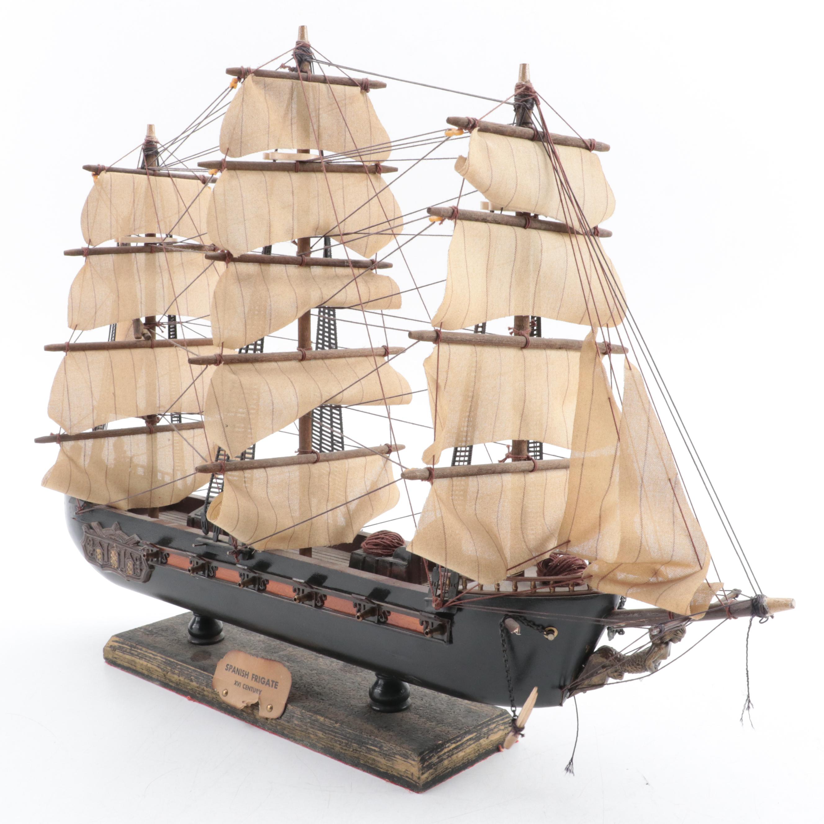 Hand-Crafted Model of 16th Century Spanish Frigate Ship, Mid to Late 20th C
