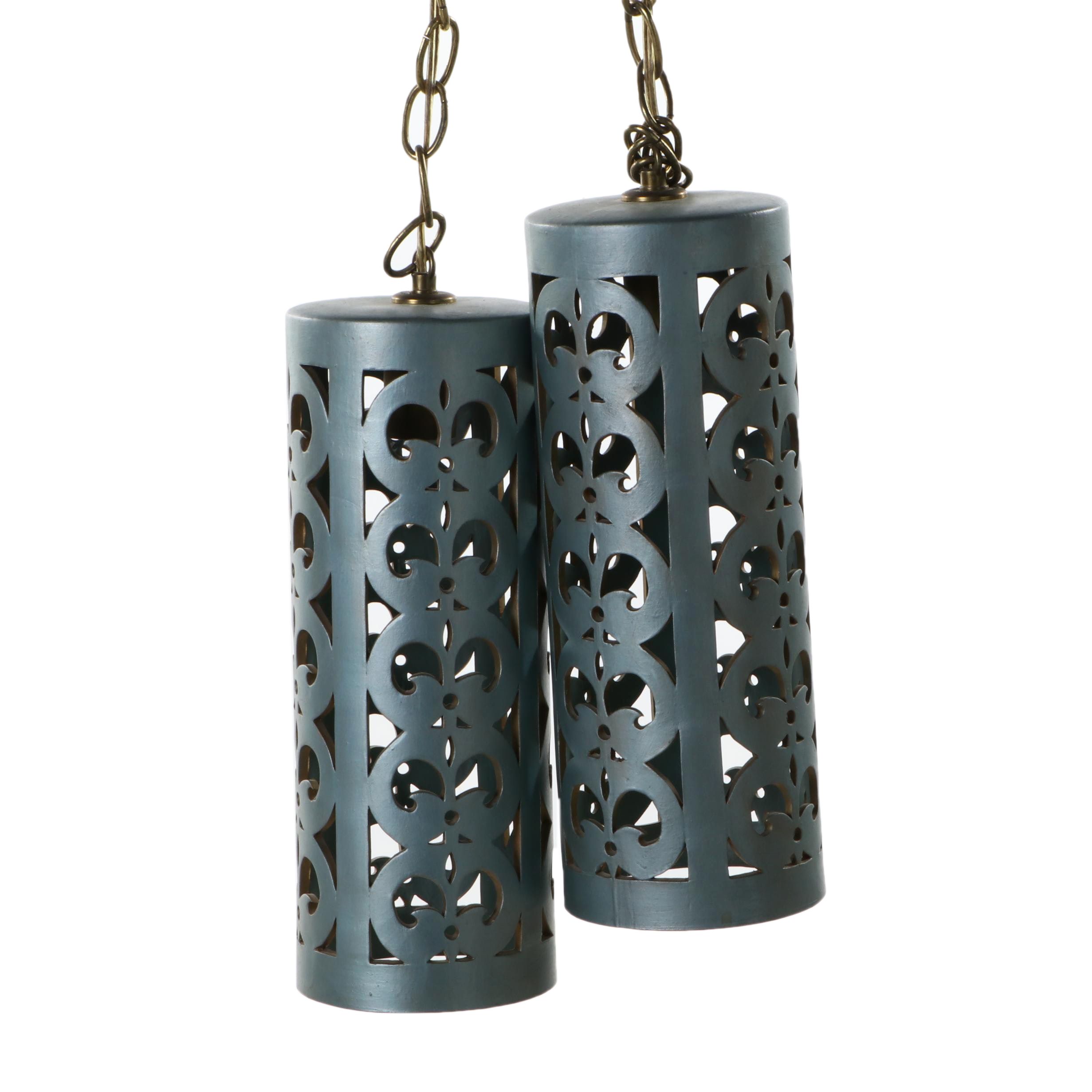 Pair of Engineered Wood Pierced Pendant Lamps, Late 20th Century