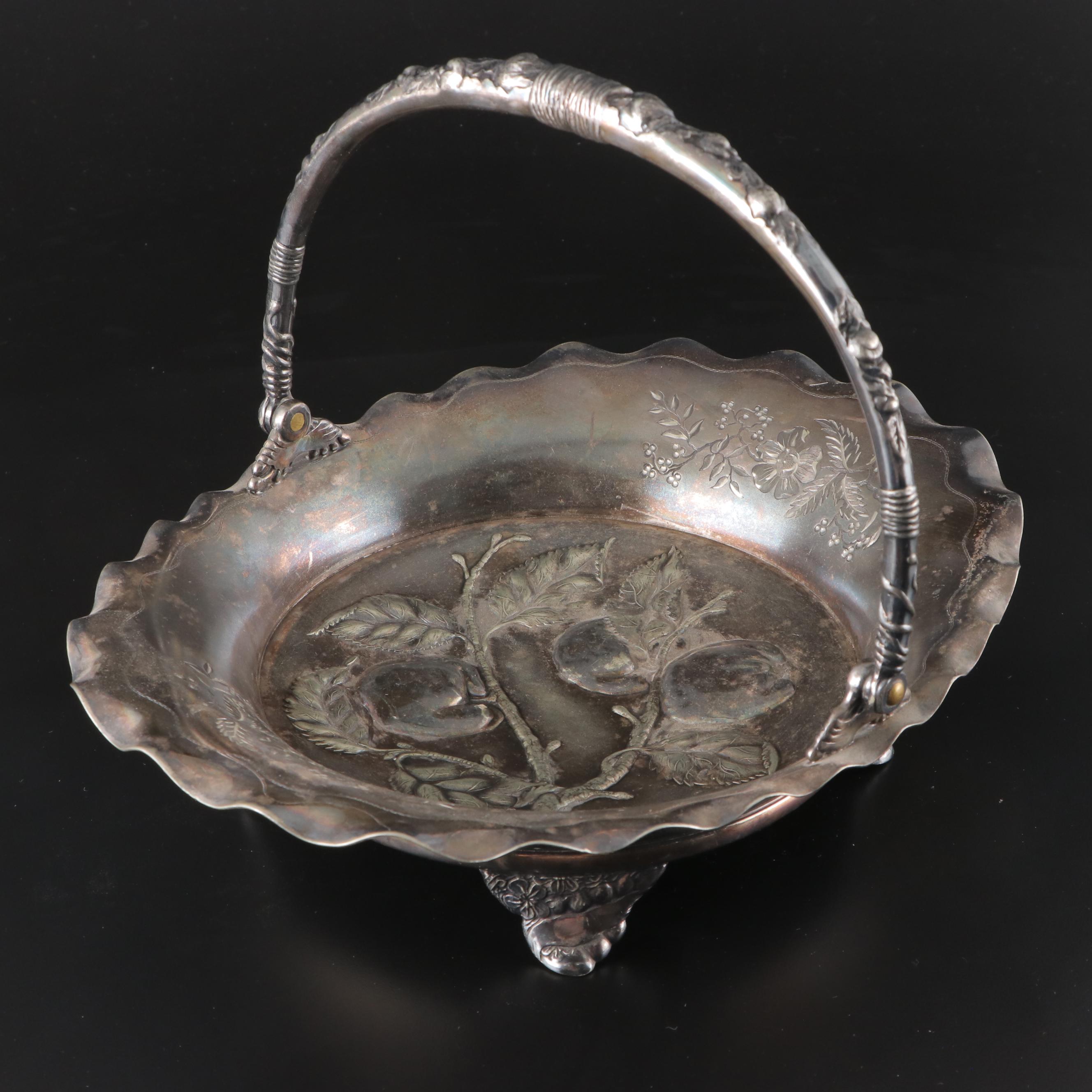 Pairpoint Victorian Repousse Silver Plate Cake Basket, Sugar and Creamer