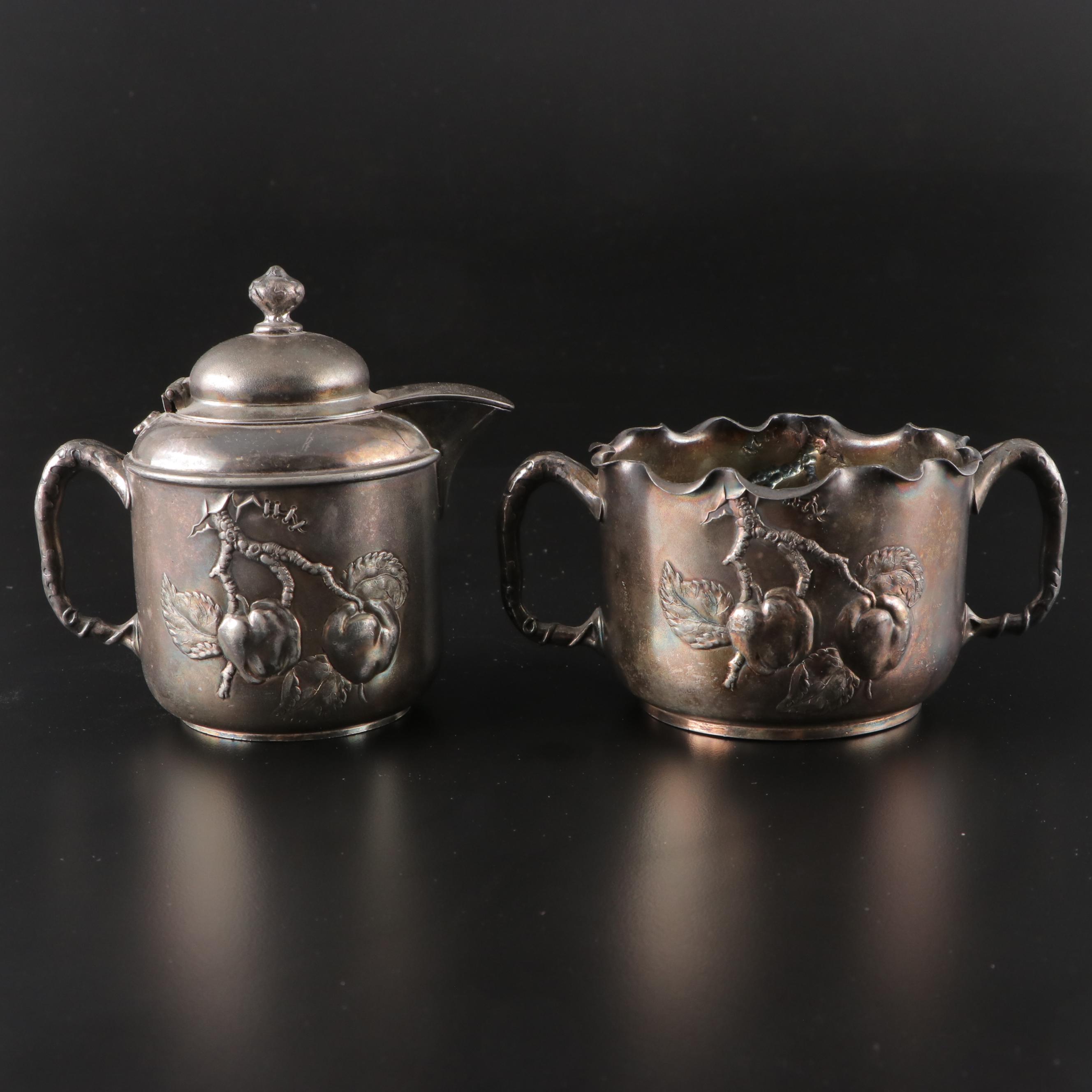 Pairpoint Victorian Repousse Silver Plate Cake Basket, Sugar and Creamer