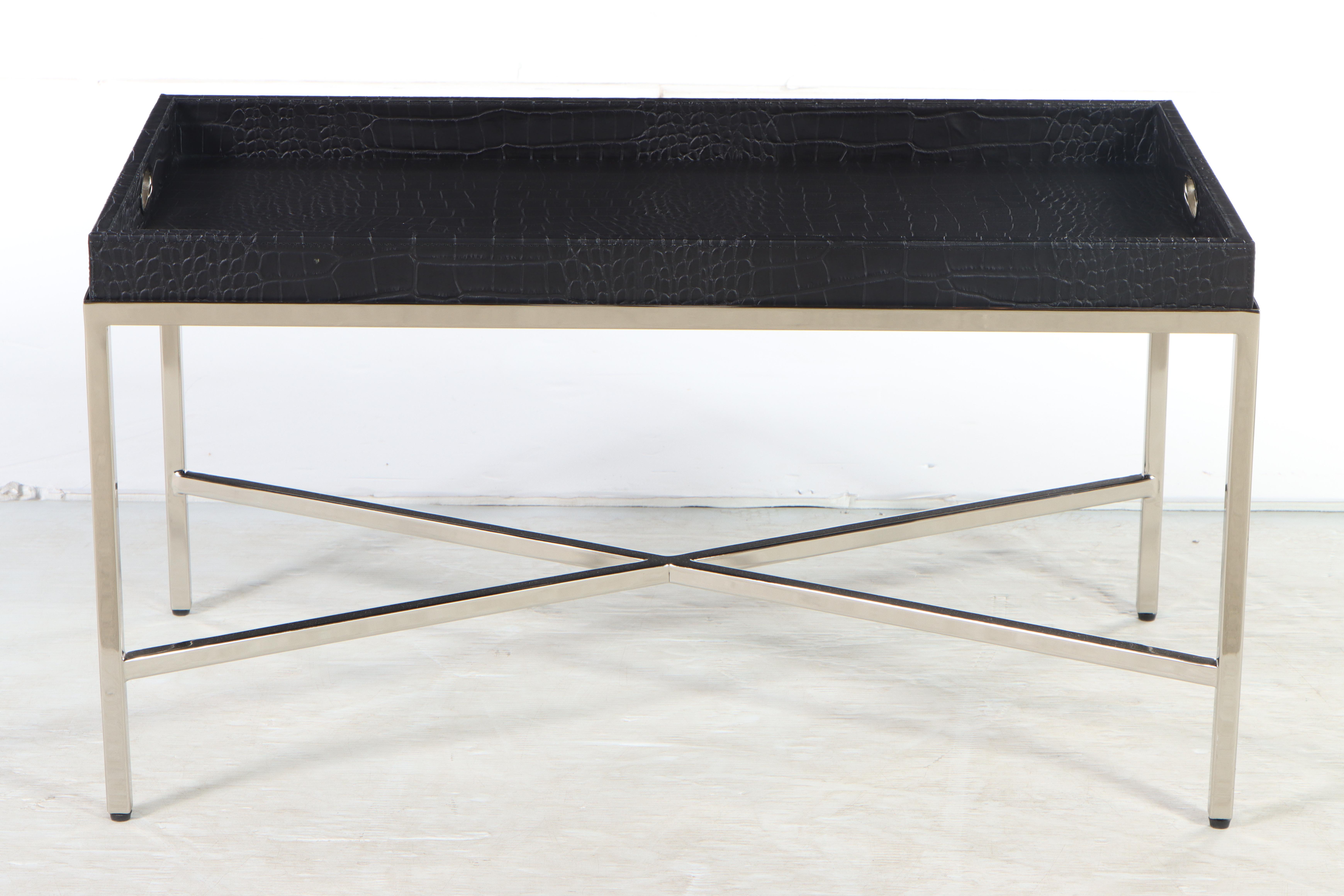 Ethan Allen Faux Alligator and Chrome Tray-Top Cocktail Table