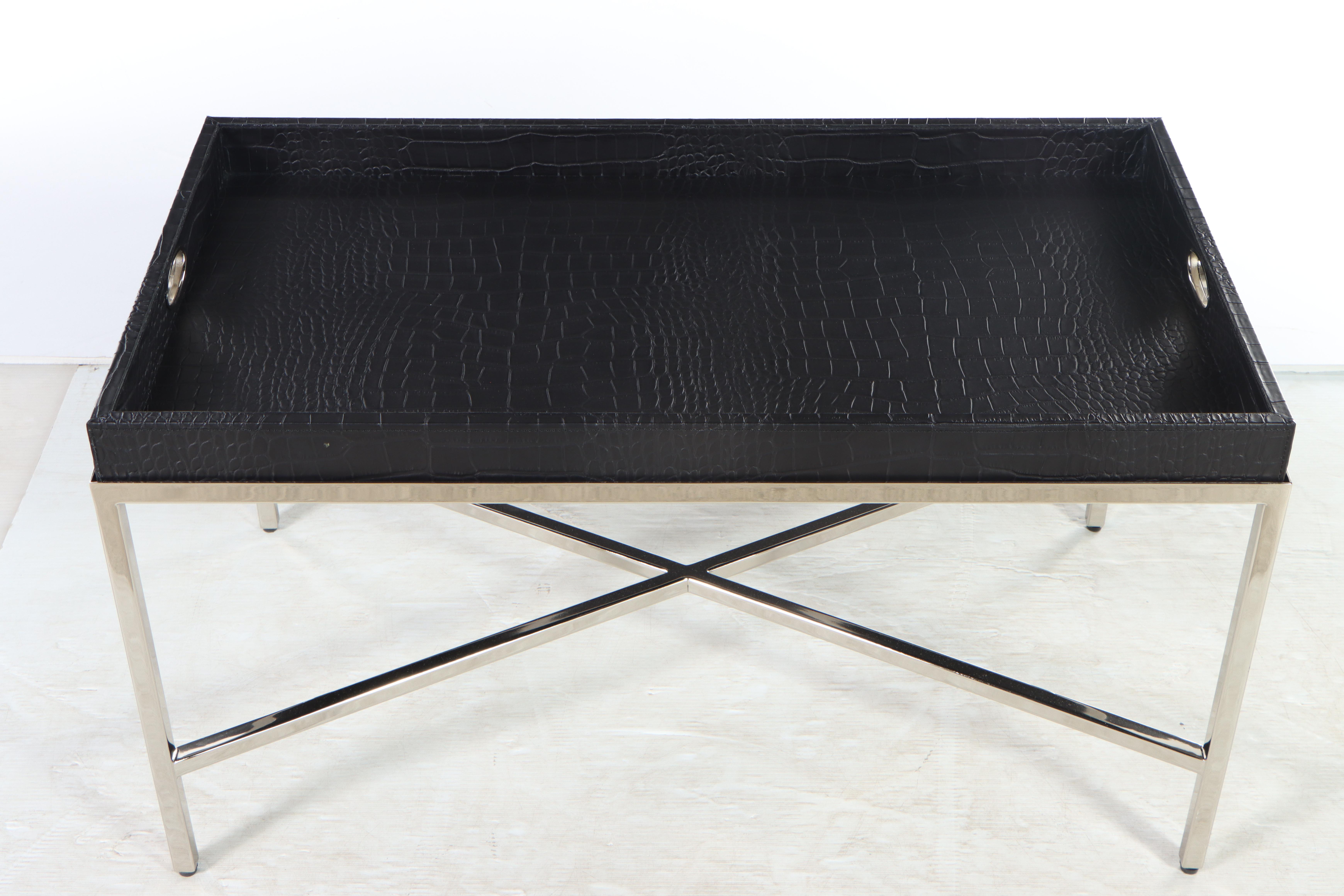 Ethan Allen Faux Alligator and Chrome Tray-Top Cocktail Table