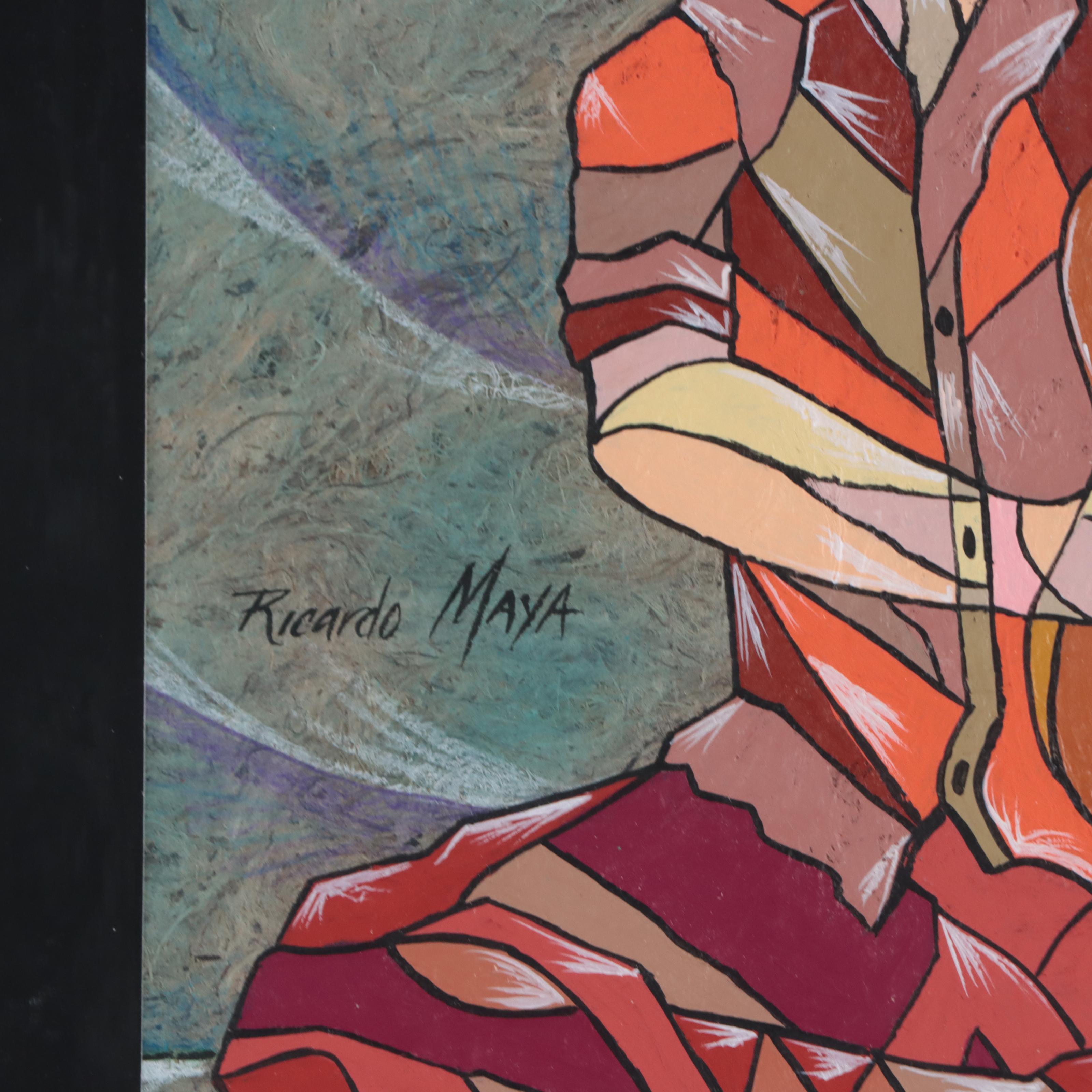Ricardo Maya Figurative Mixed Media Painting of Musician, 21st Century